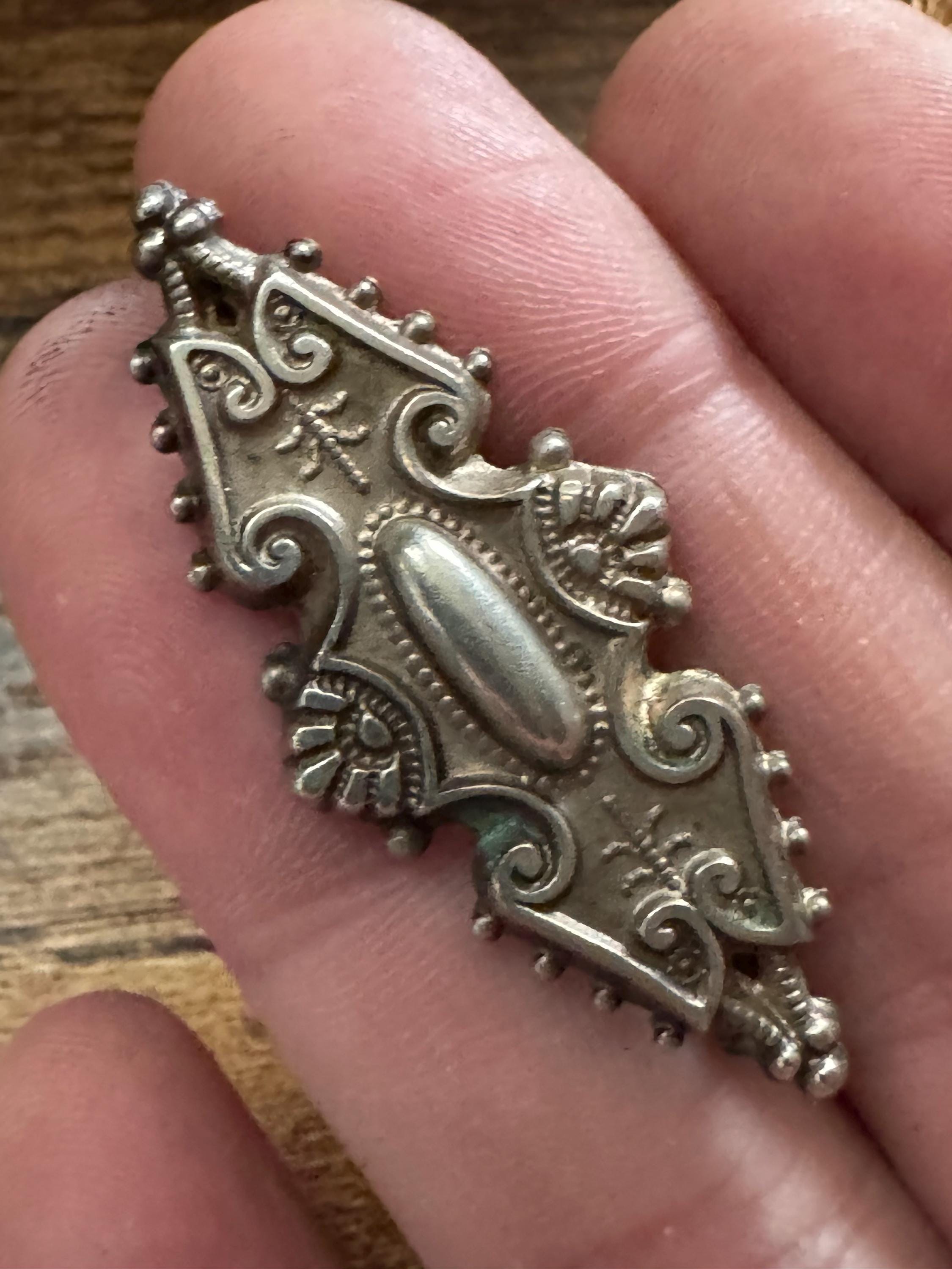 Victorian Etched silver Brooch: Antique sterling silver Pin