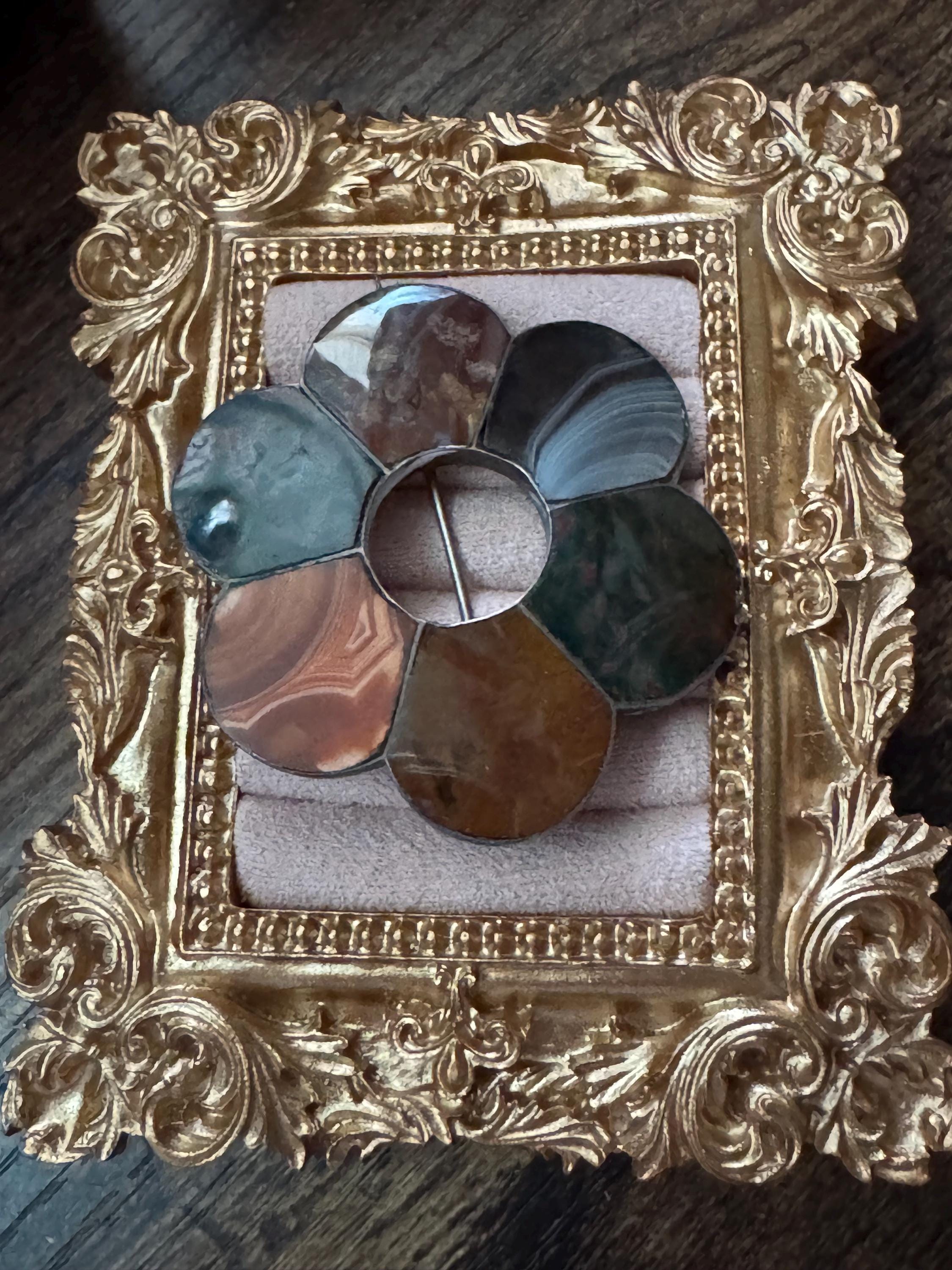 Antique scottish agate brooch , old c clasp sterling silver