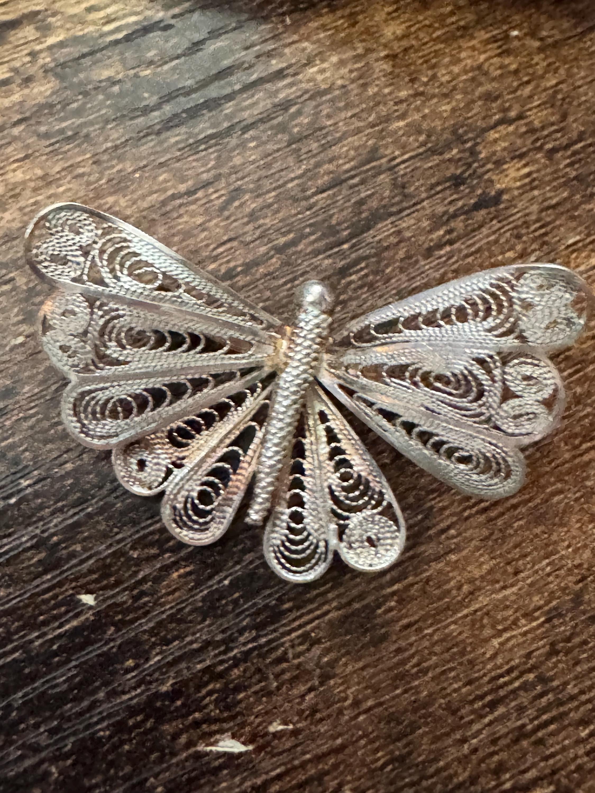 Art deco silver filigree butterfly Brooch, Maltese continental silver