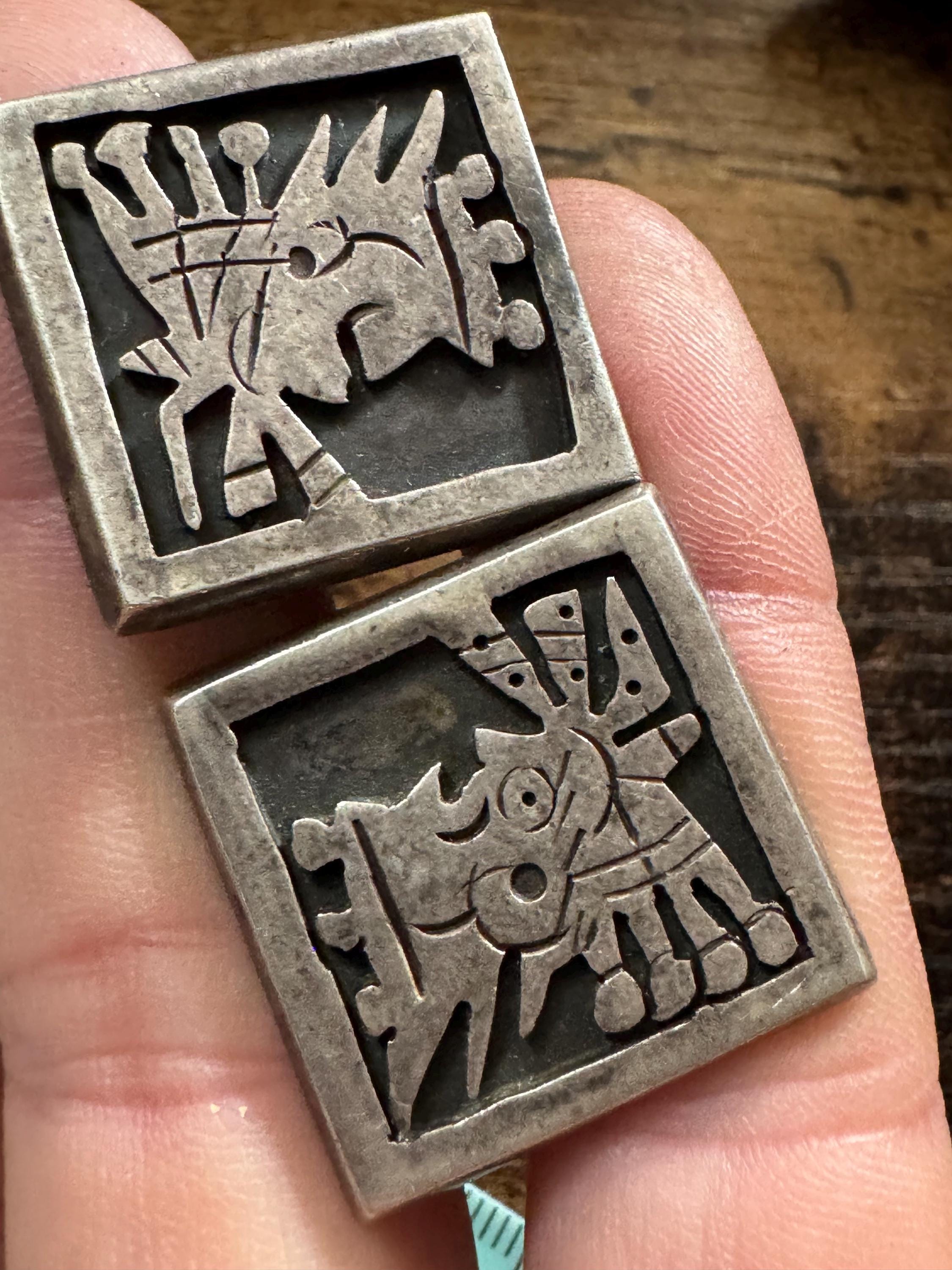 TAXCO mexican silver Aztec cufflinks , solid silver 27 grams 1970s