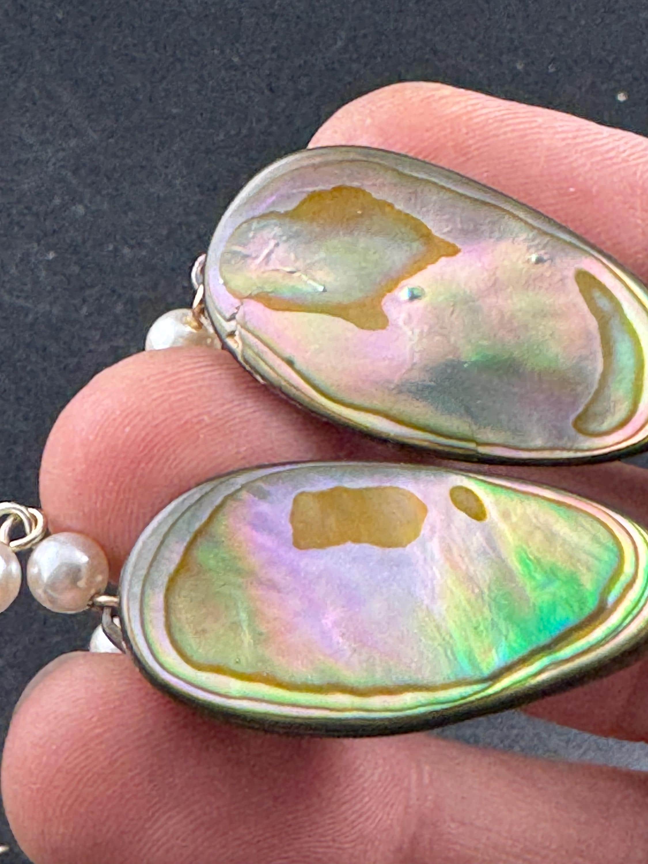 vintage abalone shell sweater guards, pearl and chain cloak clips gold tone