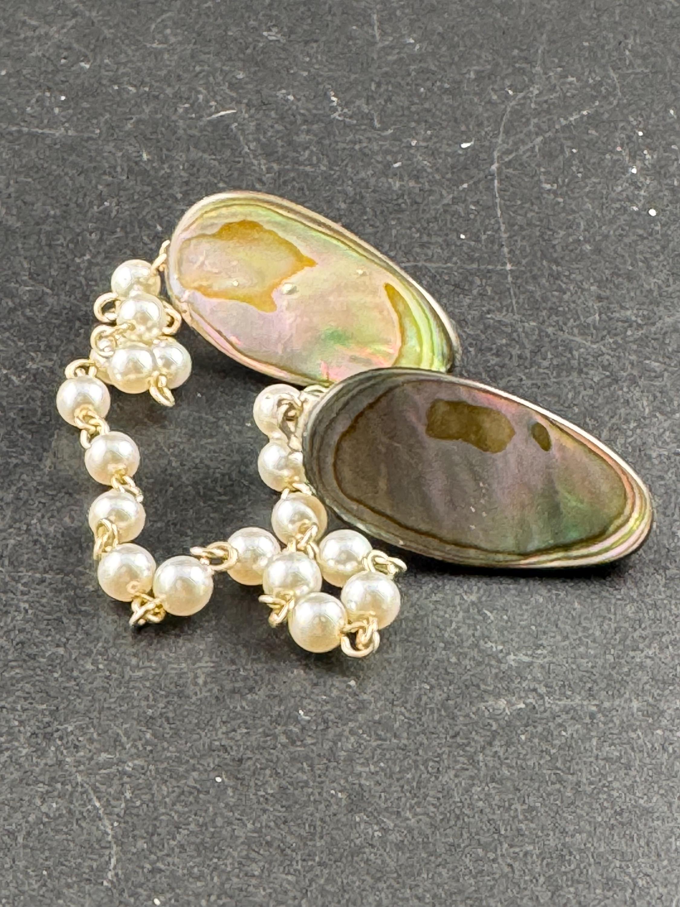 vintage abalone shell sweater guards, pearl and chain cloak clips gold tone