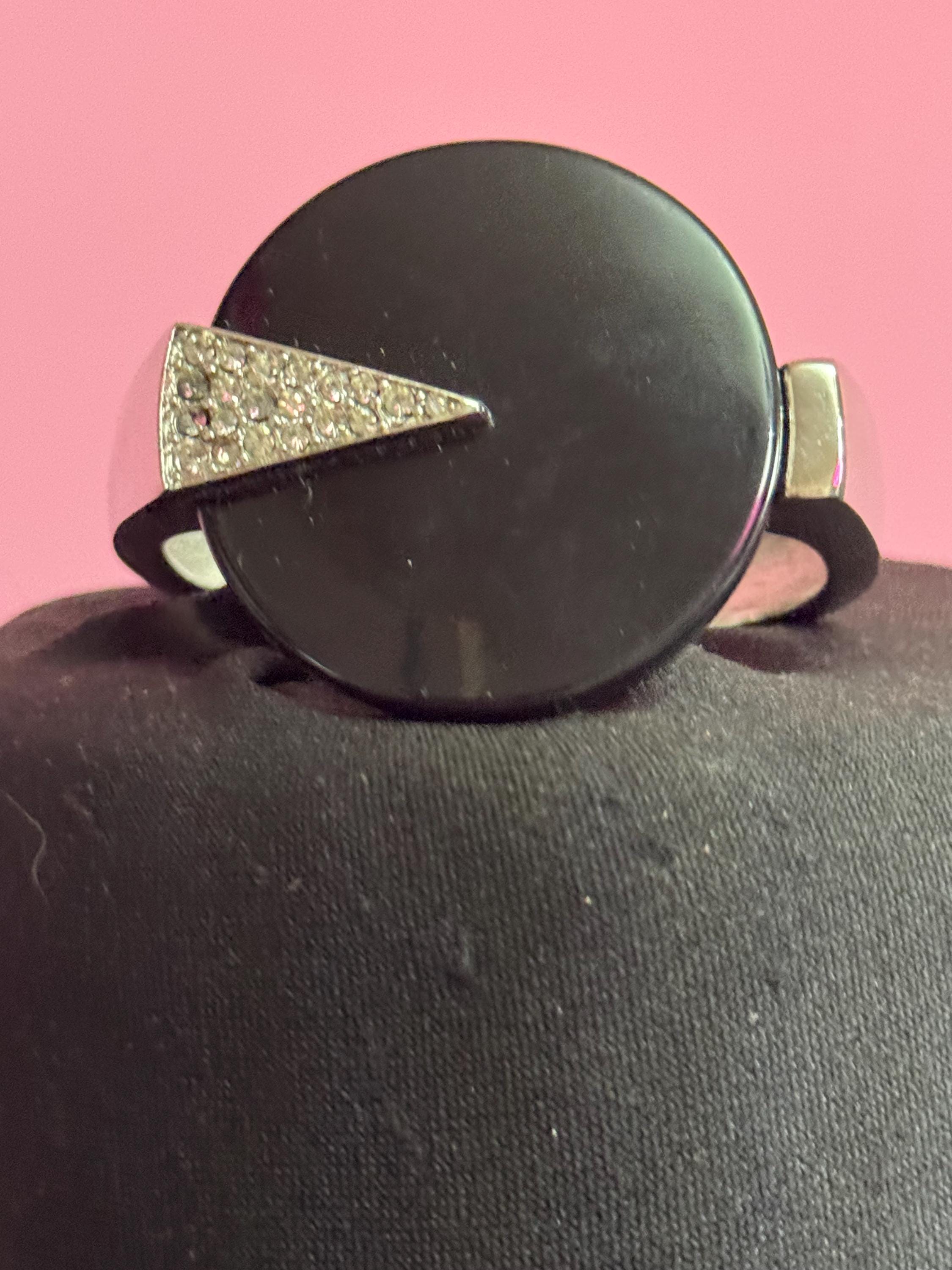 Vintage Trifari Rhinestone Clamper Bangle, Black Acrylic Art Deco Cuff