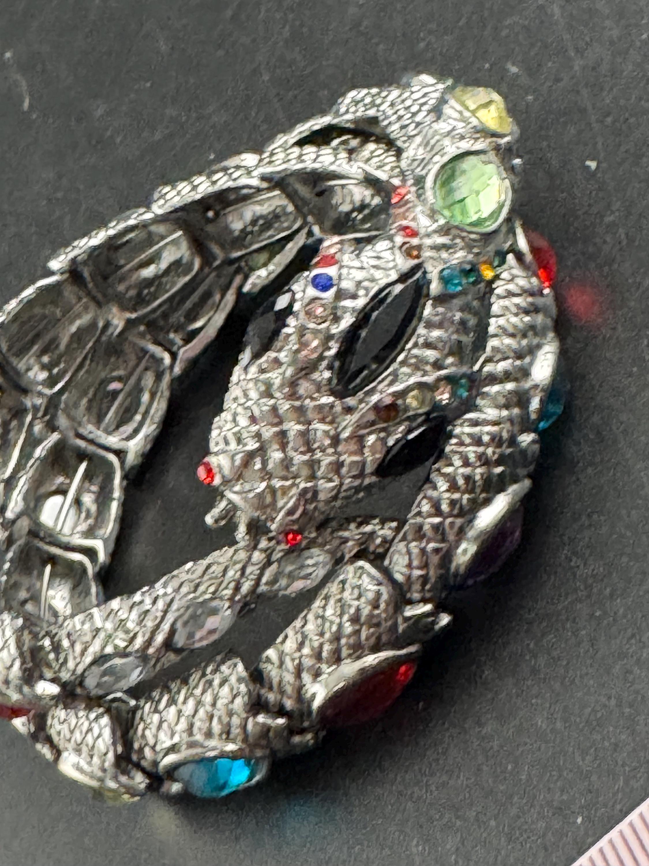 Silver wrap Snake Bangle, Vintage Bracelet with rainbow crystal stones