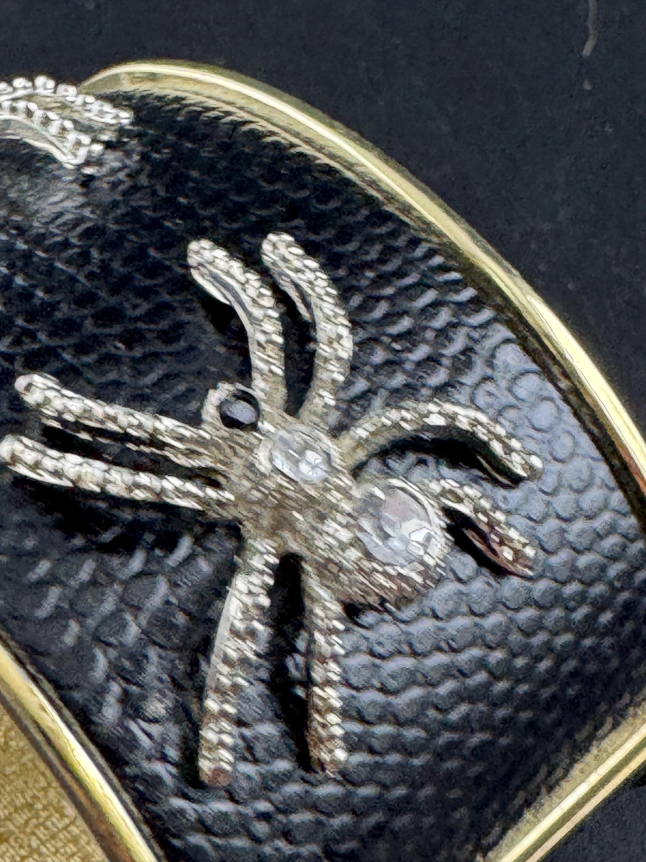 Wide spider Clamper Bangle: Black with Diamanté Crystals, Gold Tone