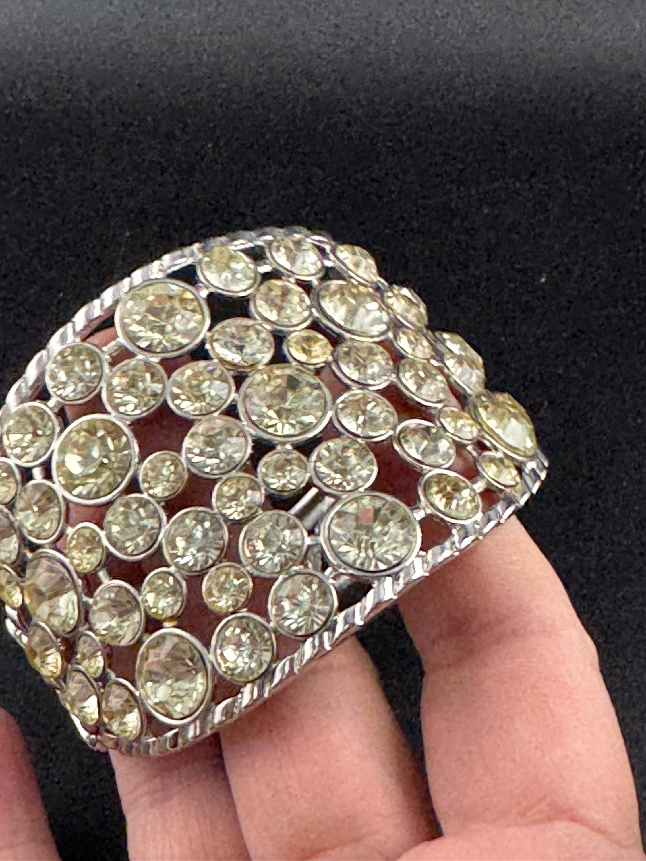 clear diamanté hinged clamper bangle, Vintage wide chunky silver tone