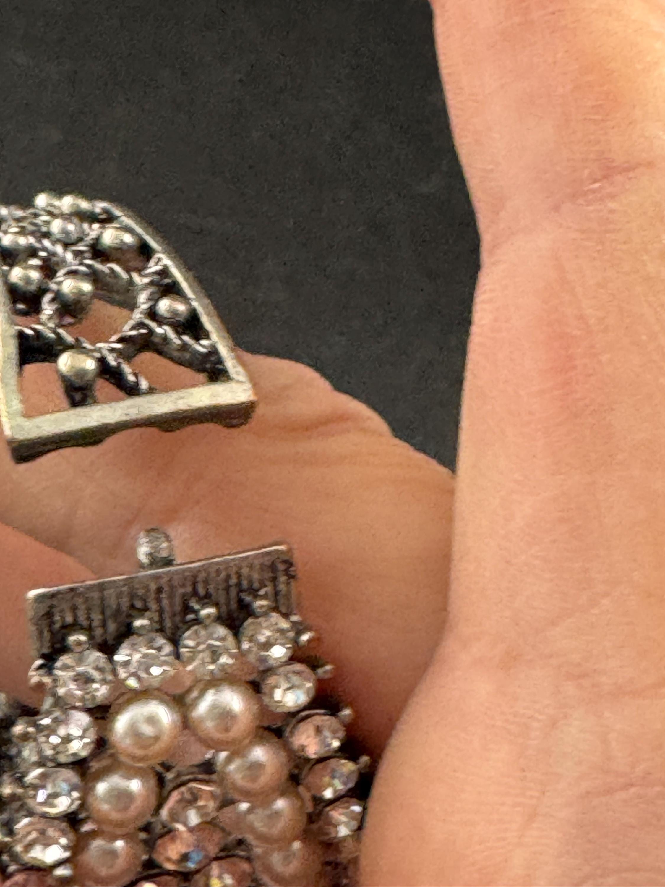 Pearl and diamanté hinged clamper bangle, Vintage wide chunky silver tone