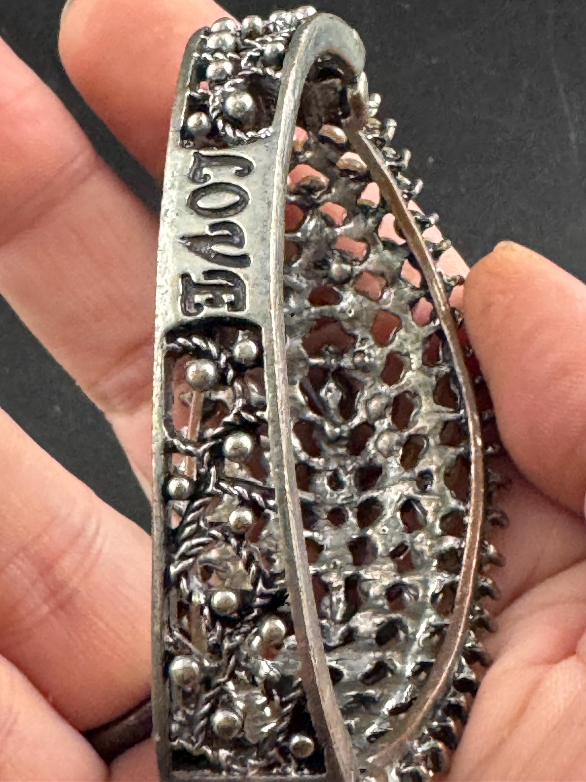 Pearl and diamanté hinged clamper bangle, Vintage wide chunky silver tone