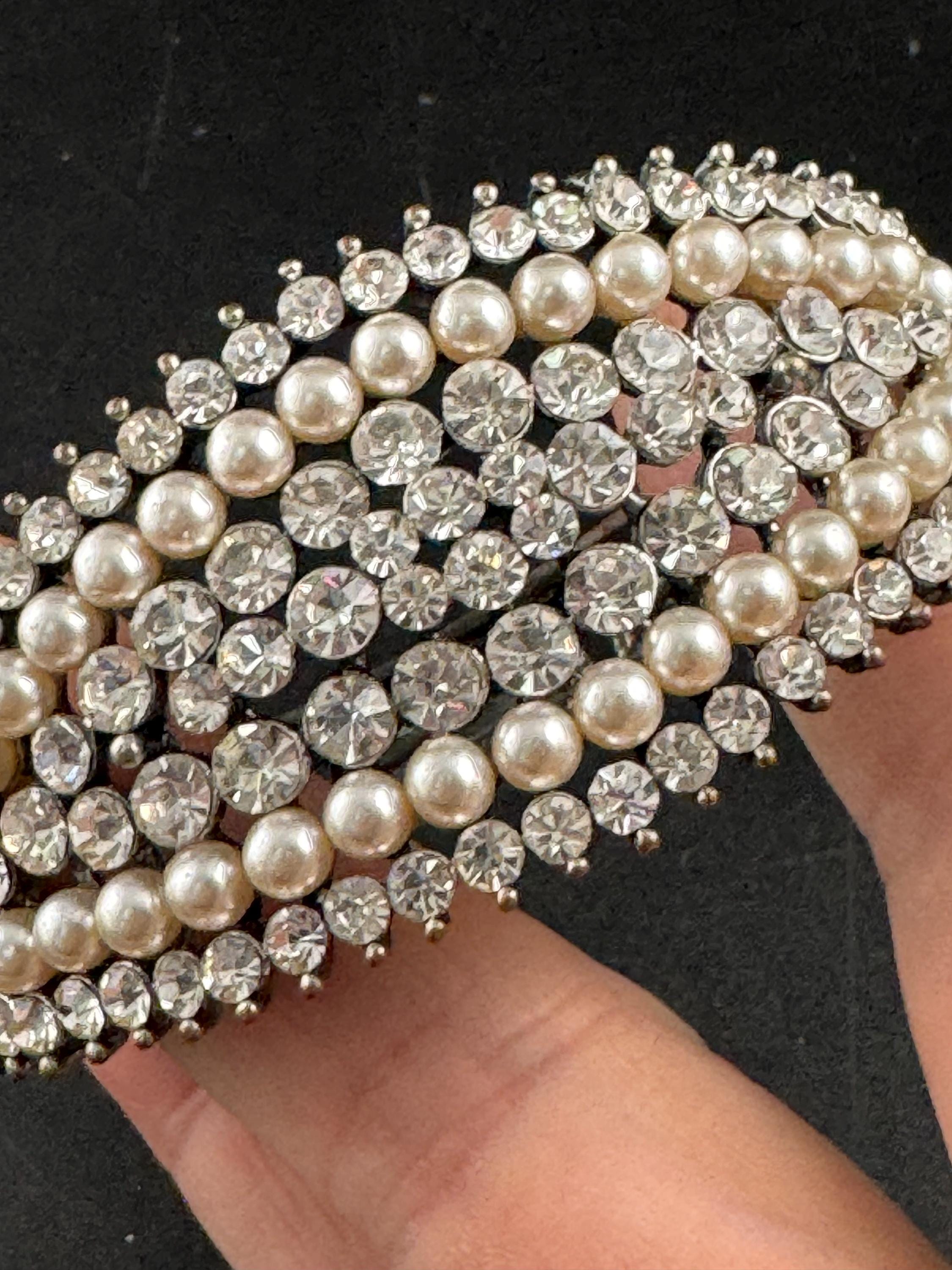 Pearl and diamanté hinged clamper bangle, Vintage wide chunky silver tone