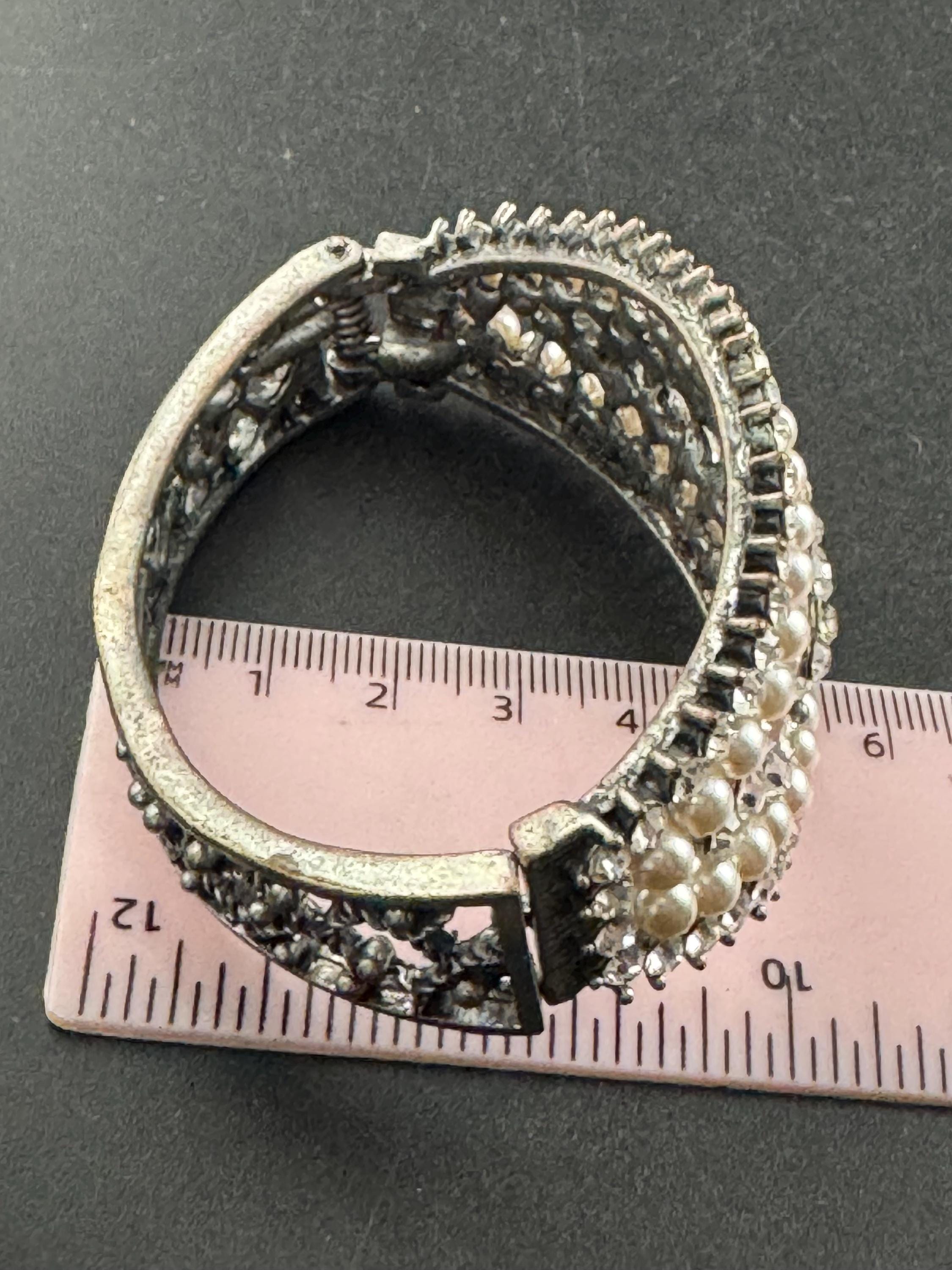 Pearl and diamanté hinged clamper bangle, Vintage wide chunky silver tone
