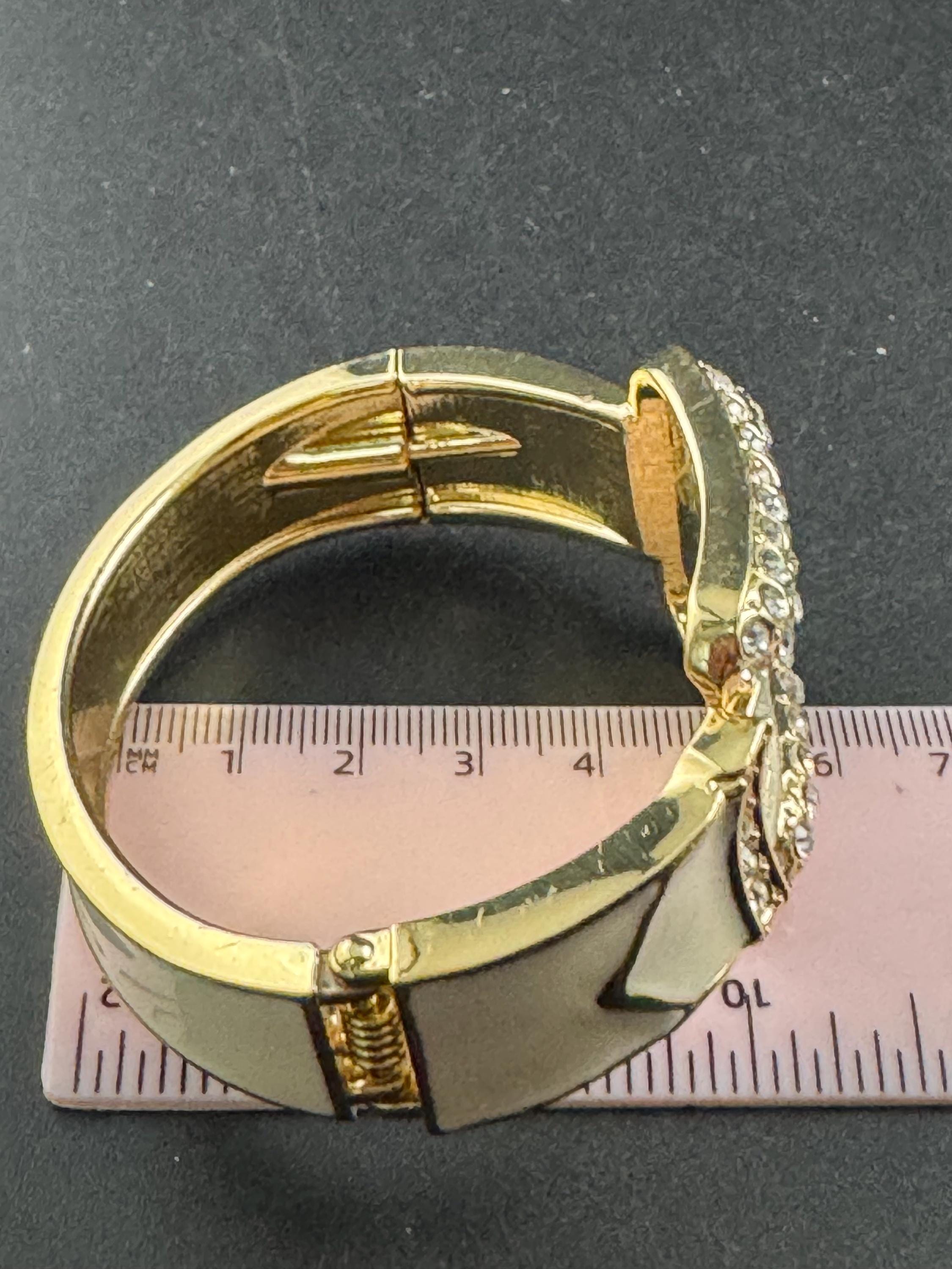 Cream belt buckle Bangle, gold tone diamanté enamelled clamper