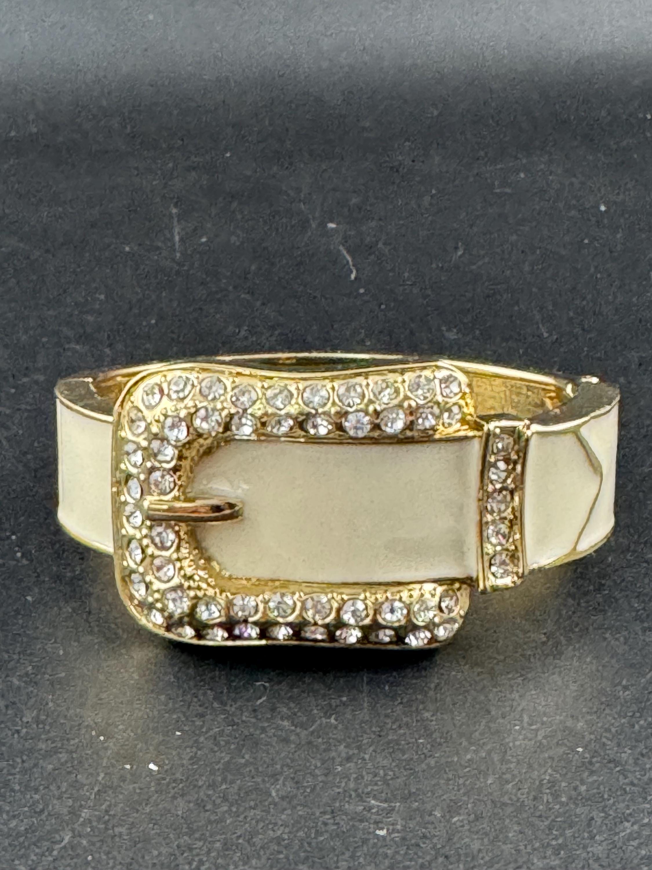 Cream belt buckle Bangle, gold tone diamanté enamelled clamper