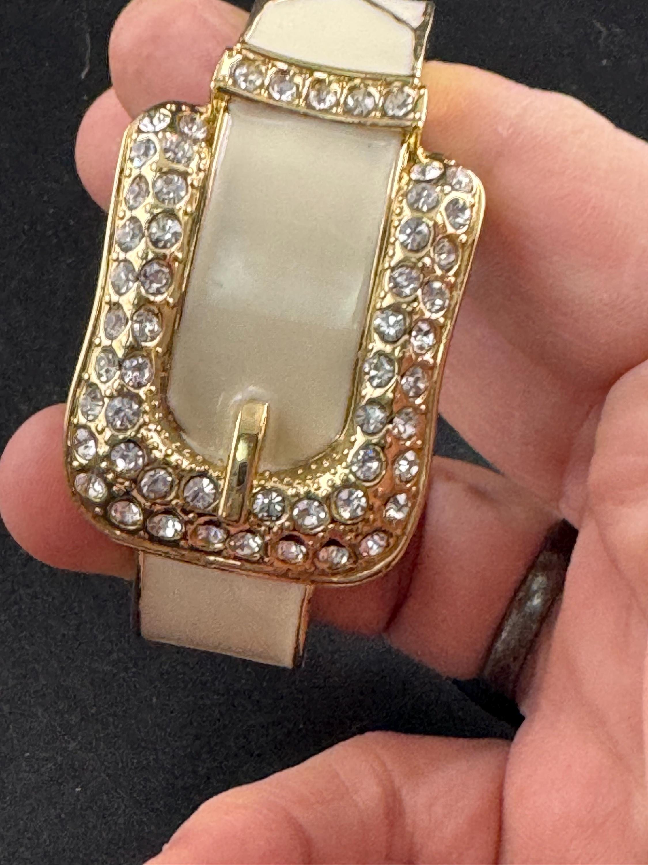 Cream belt buckle Bangle, gold tone diamanté enamelled clamper