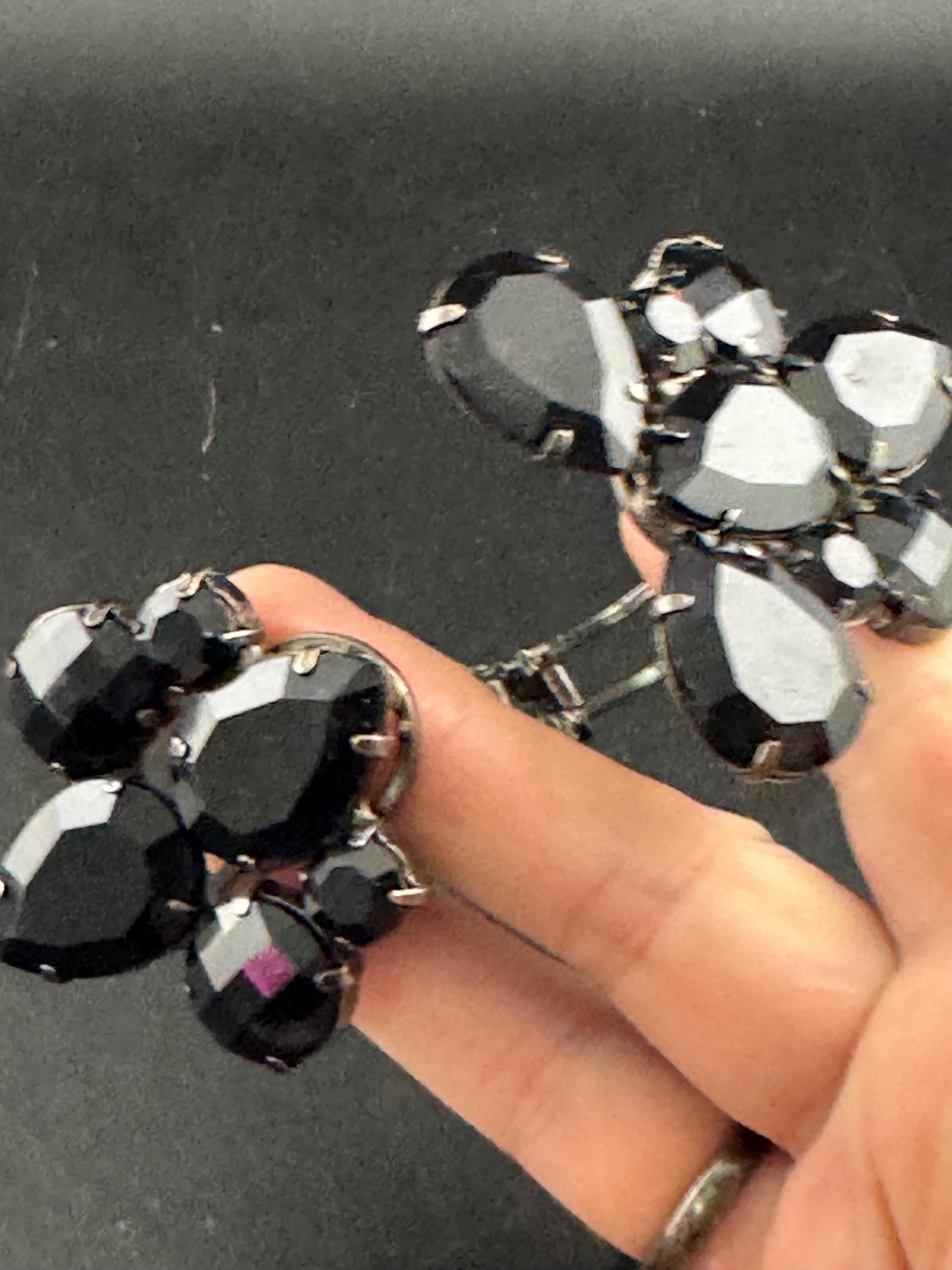 Black rhinestone clamper bangle, Vintage acrylic crystals diamanté dark silver bracelet