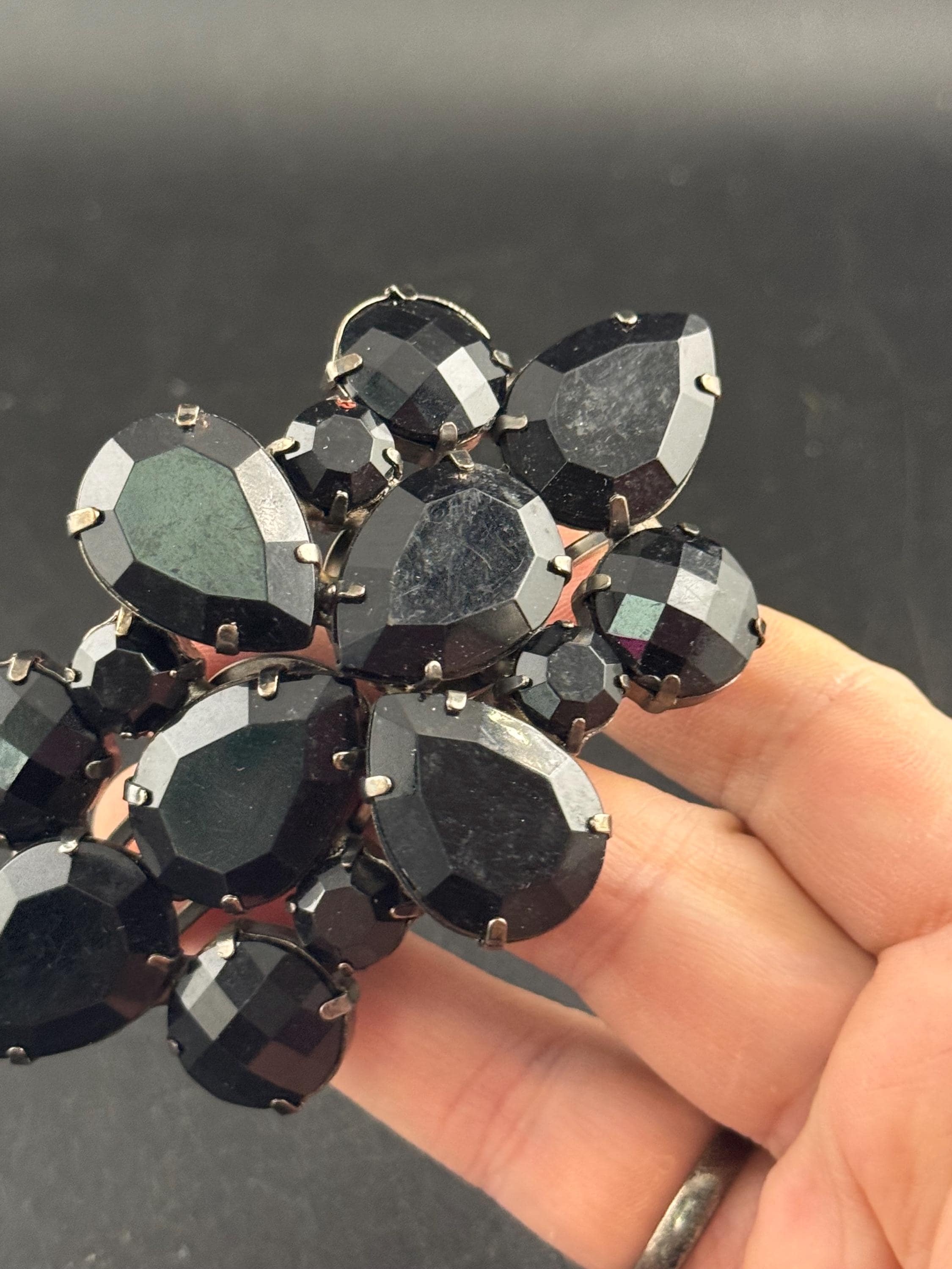 Black rhinestone clamper bangle, Vintage acrylic crystals diamanté dark silver bracelet