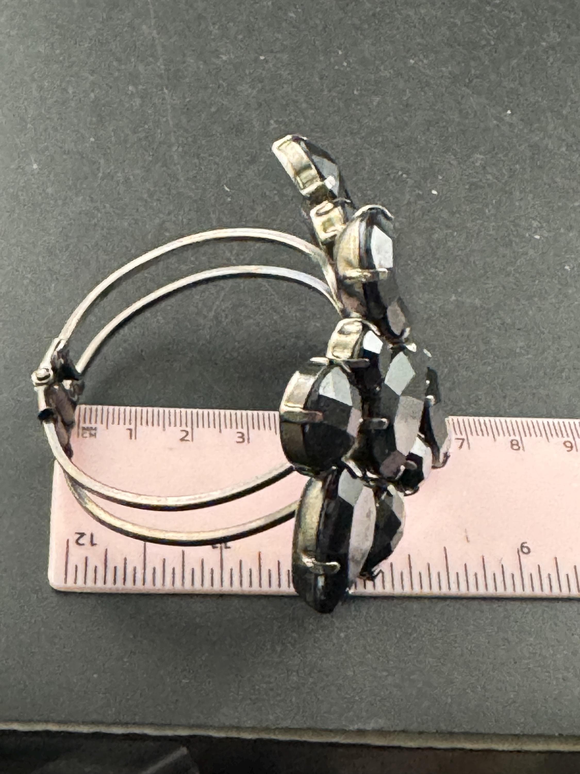 Black rhinestone clamper bangle, Vintage acrylic crystals diamanté dark silver bracelet