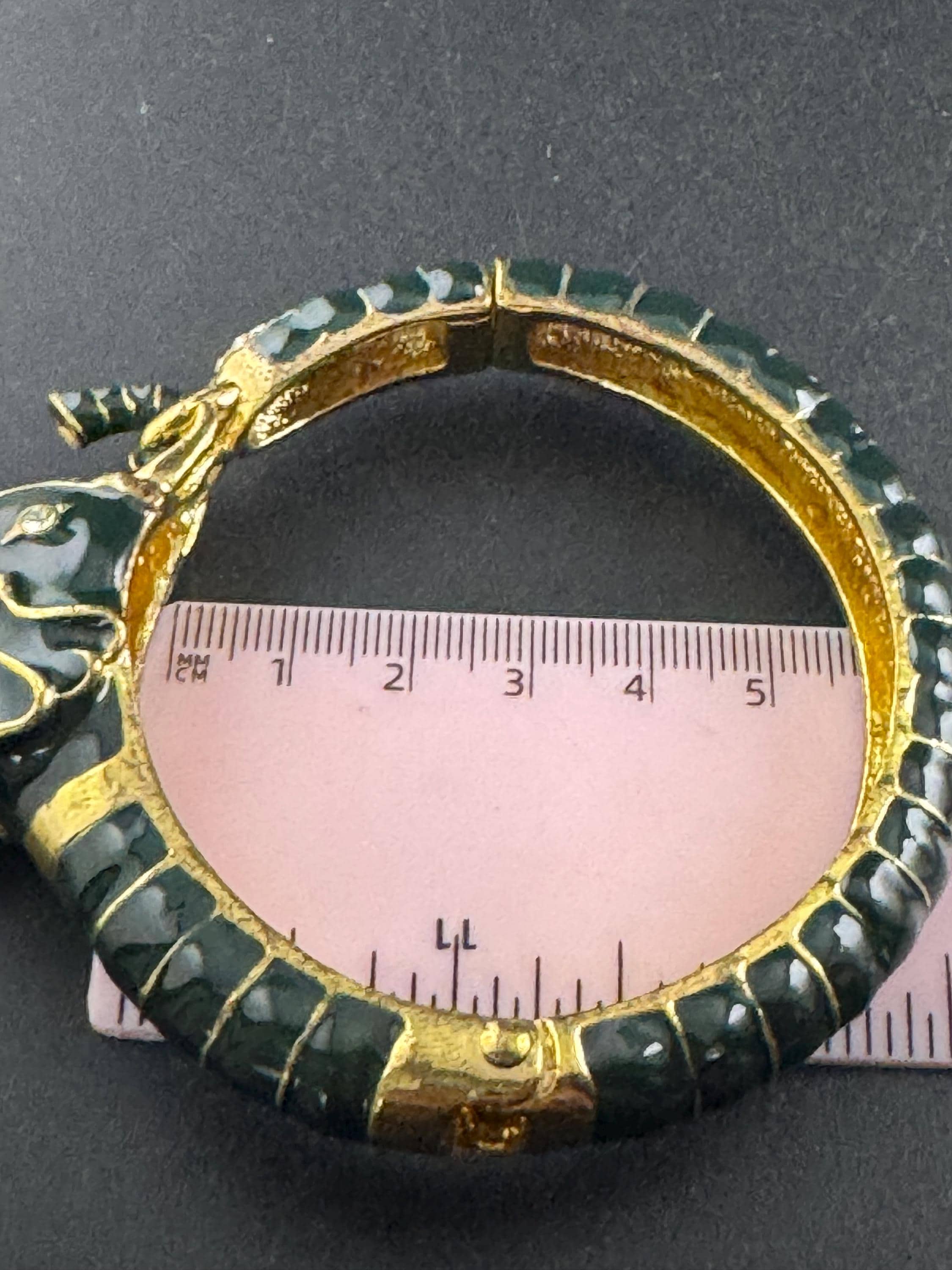 Green Enamel Elephant Bangle, gold tone clamper bracelet