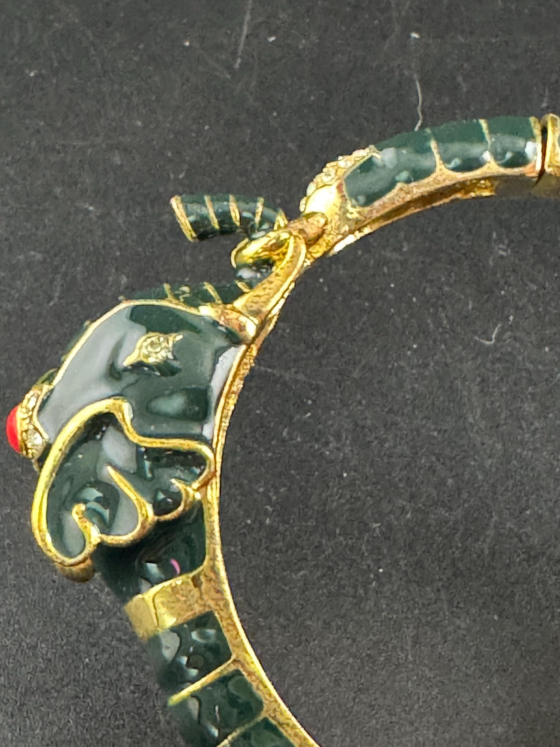 Green Enamel Elephant Bangle, gold tone clamper bracelet
