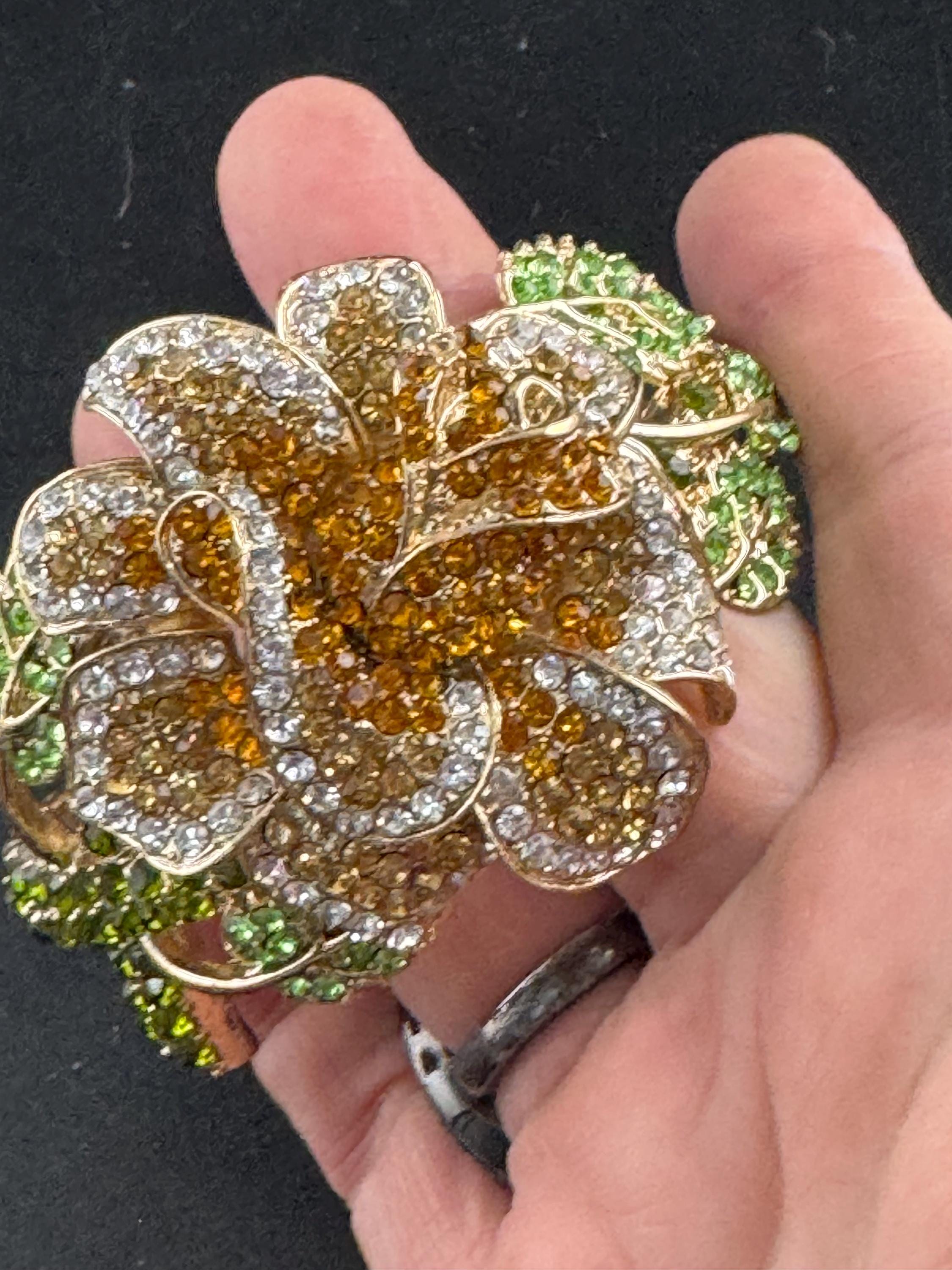 Floral diamanté Clamper Bangle, brown green crystal gold tone rhinestone Bracelet.