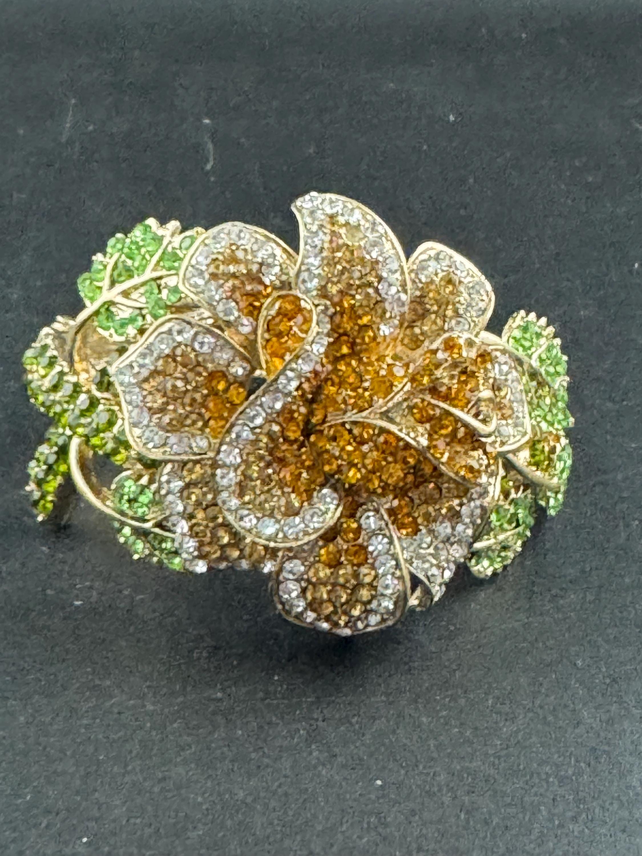 Floral diamanté Clamper Bangle, brown green crystal gold tone rhinestone Bracelet.