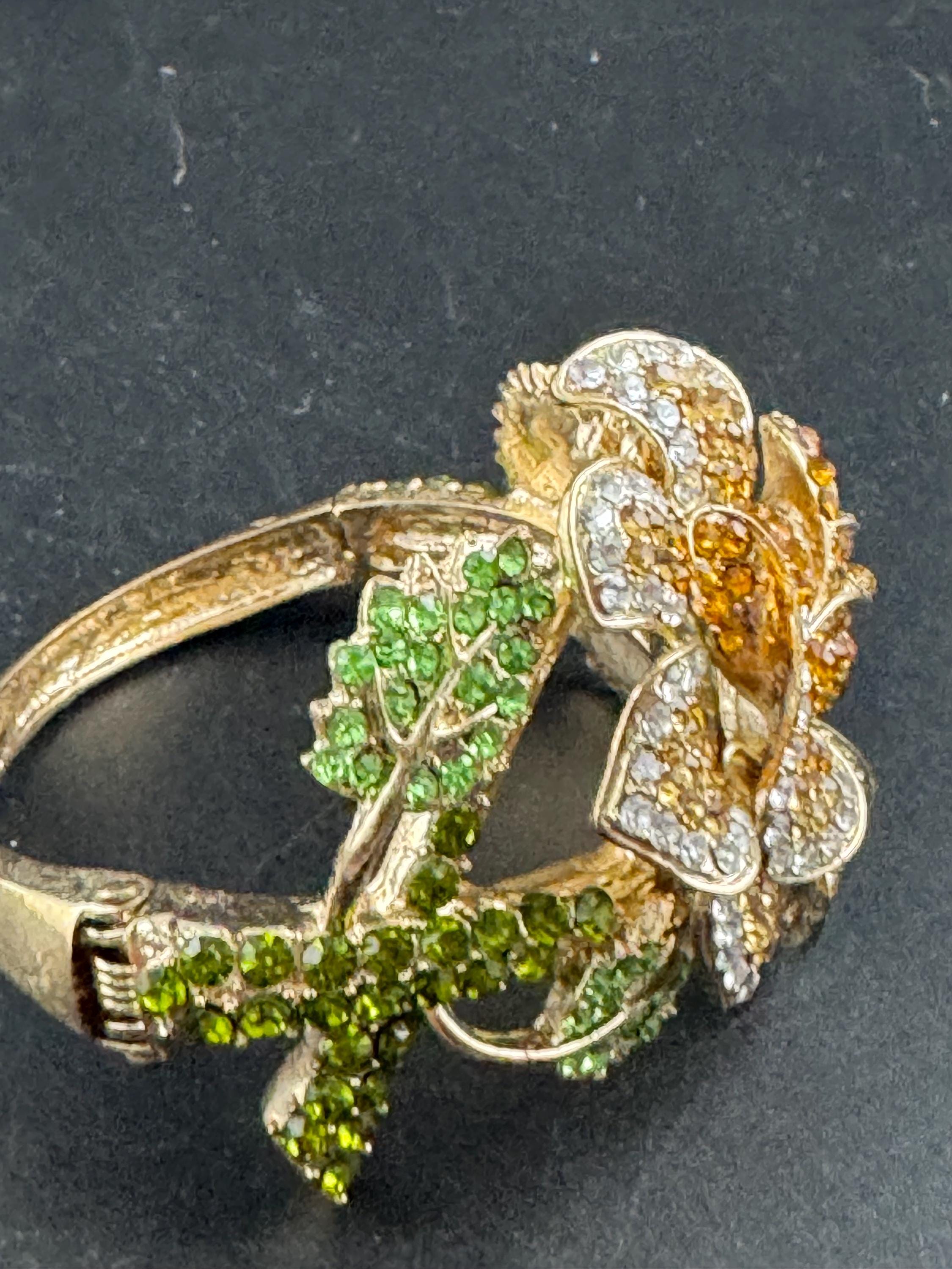 Floral diamanté Clamper Bangle, brown green crystal gold tone rhinestone Bracelet.