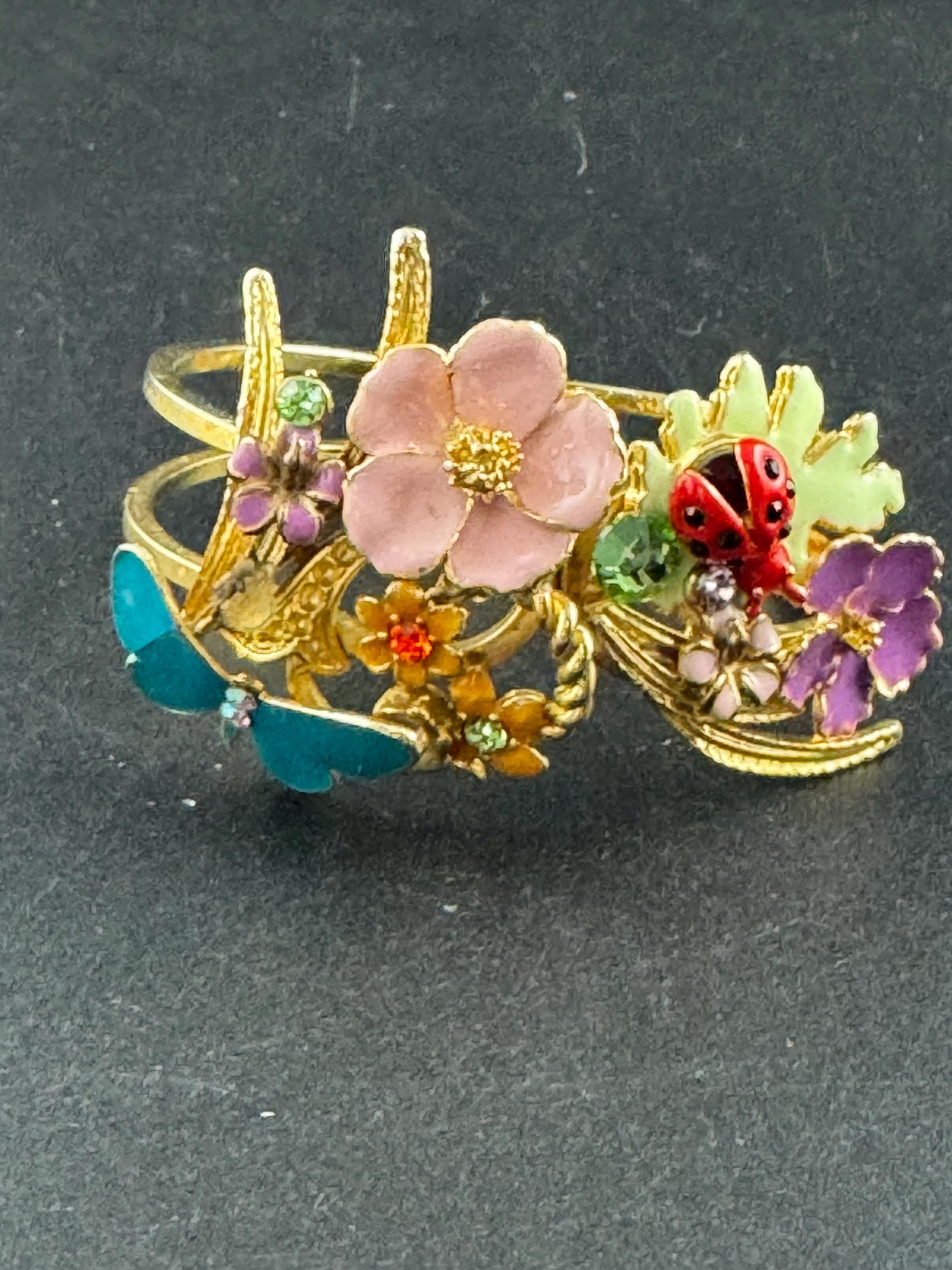 Whimsical enamel Clamper Bangle, blue pink crystal ladybird butterfly bracelet