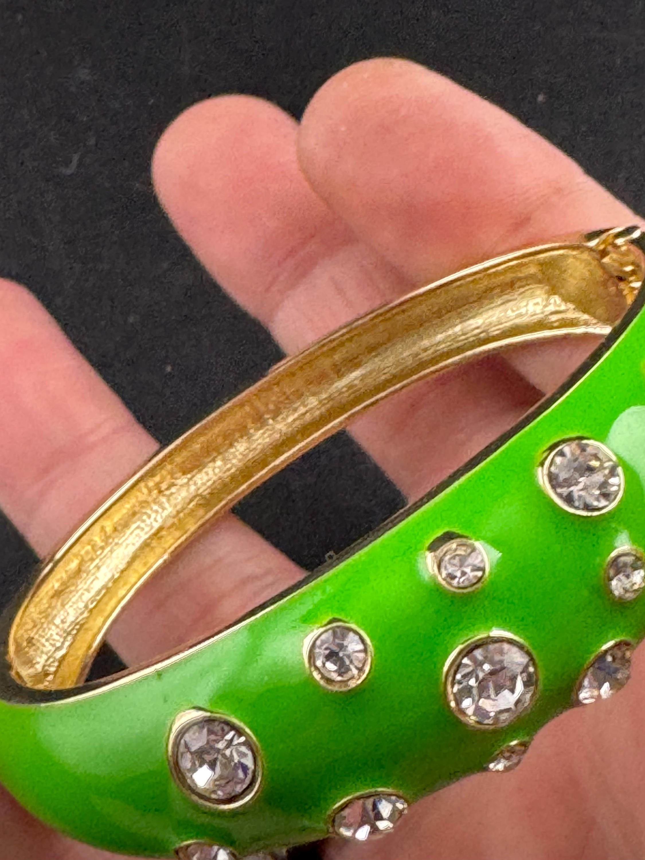 Bright green enamel Clamper Bangle, gold rhinestone Bracelet.