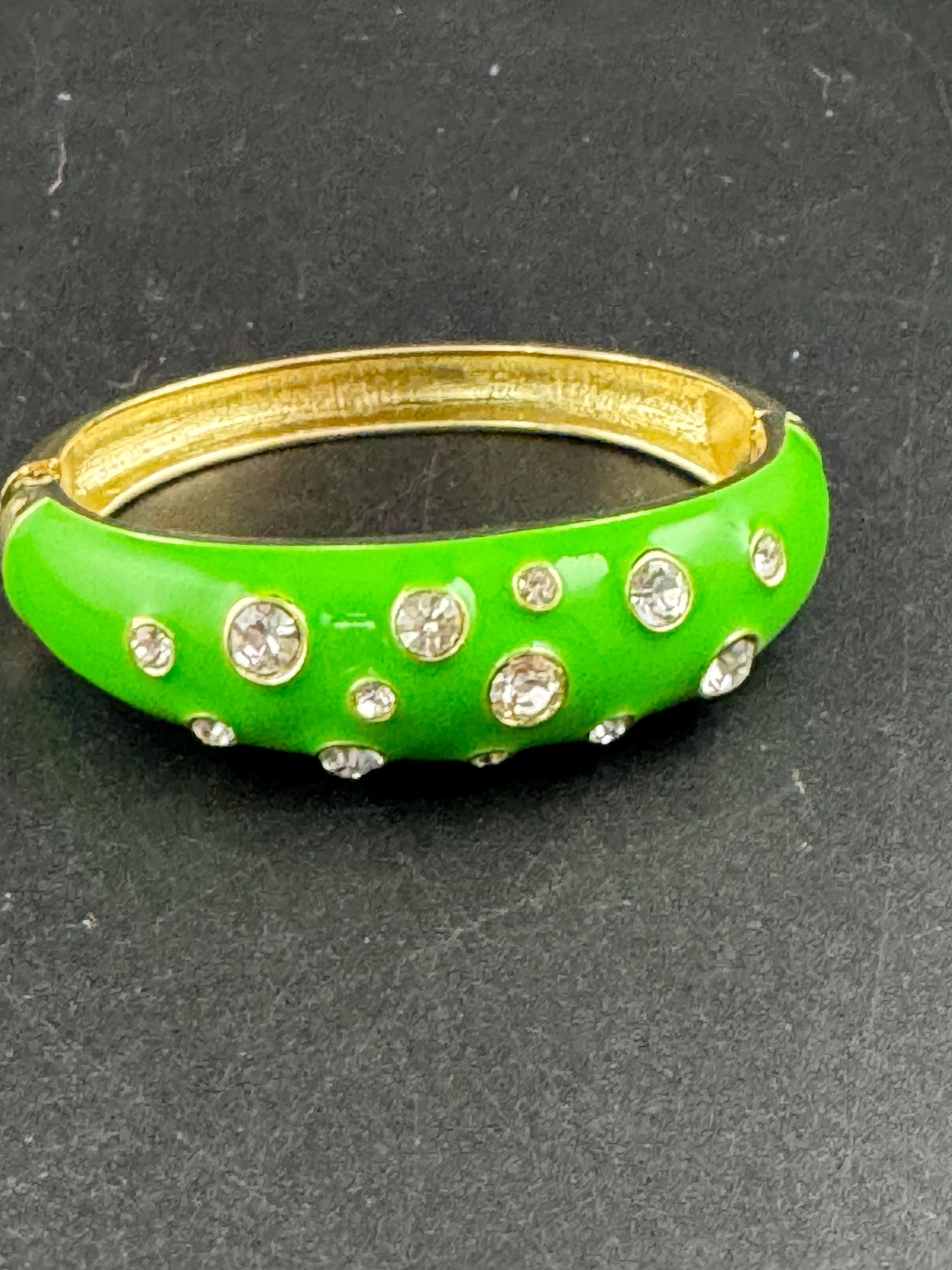 Bright green enamel Clamper Bangle, gold rhinestone Bracelet.