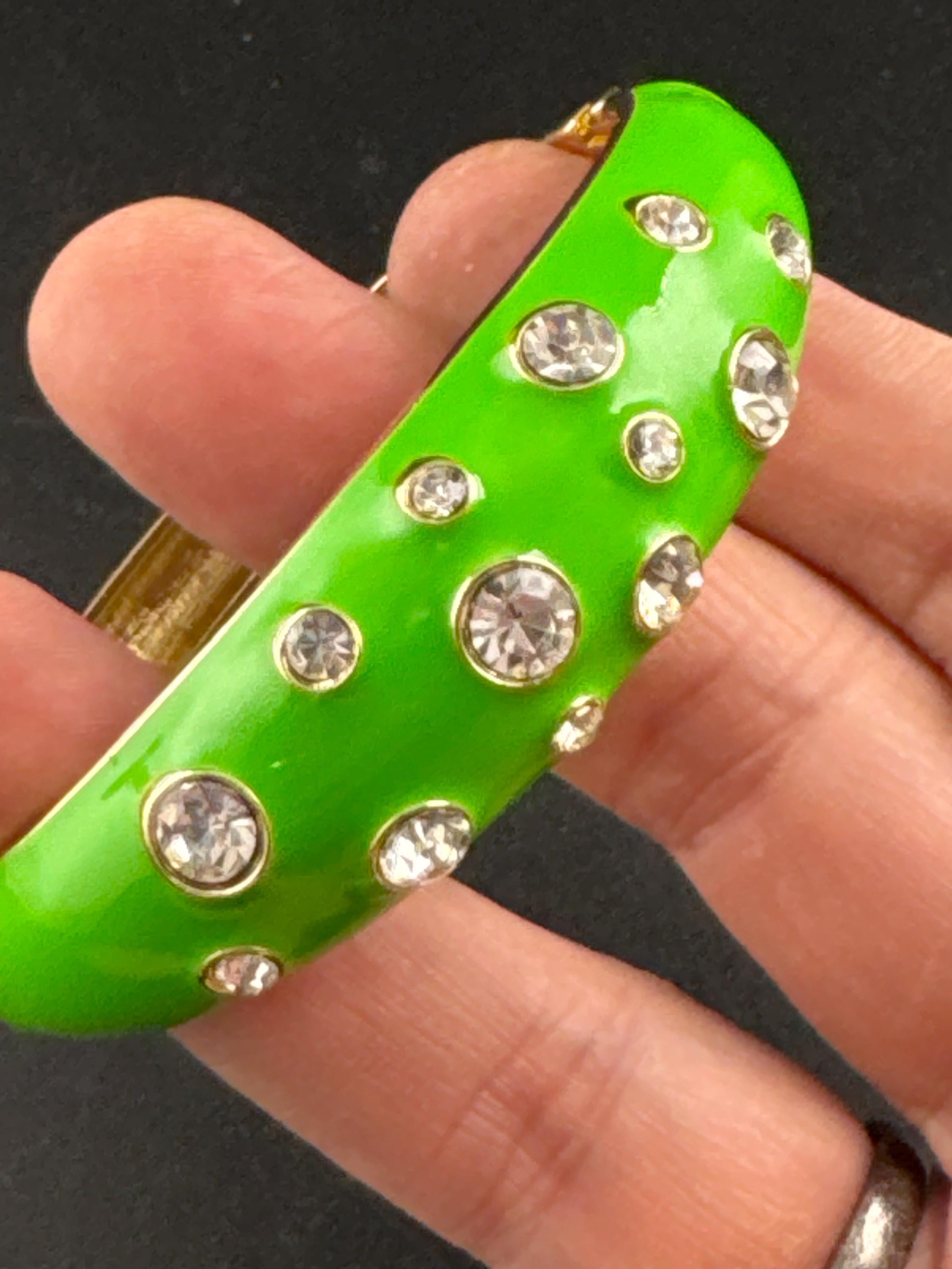 Bright green enamel Clamper Bangle, gold rhinestone Bracelet.
