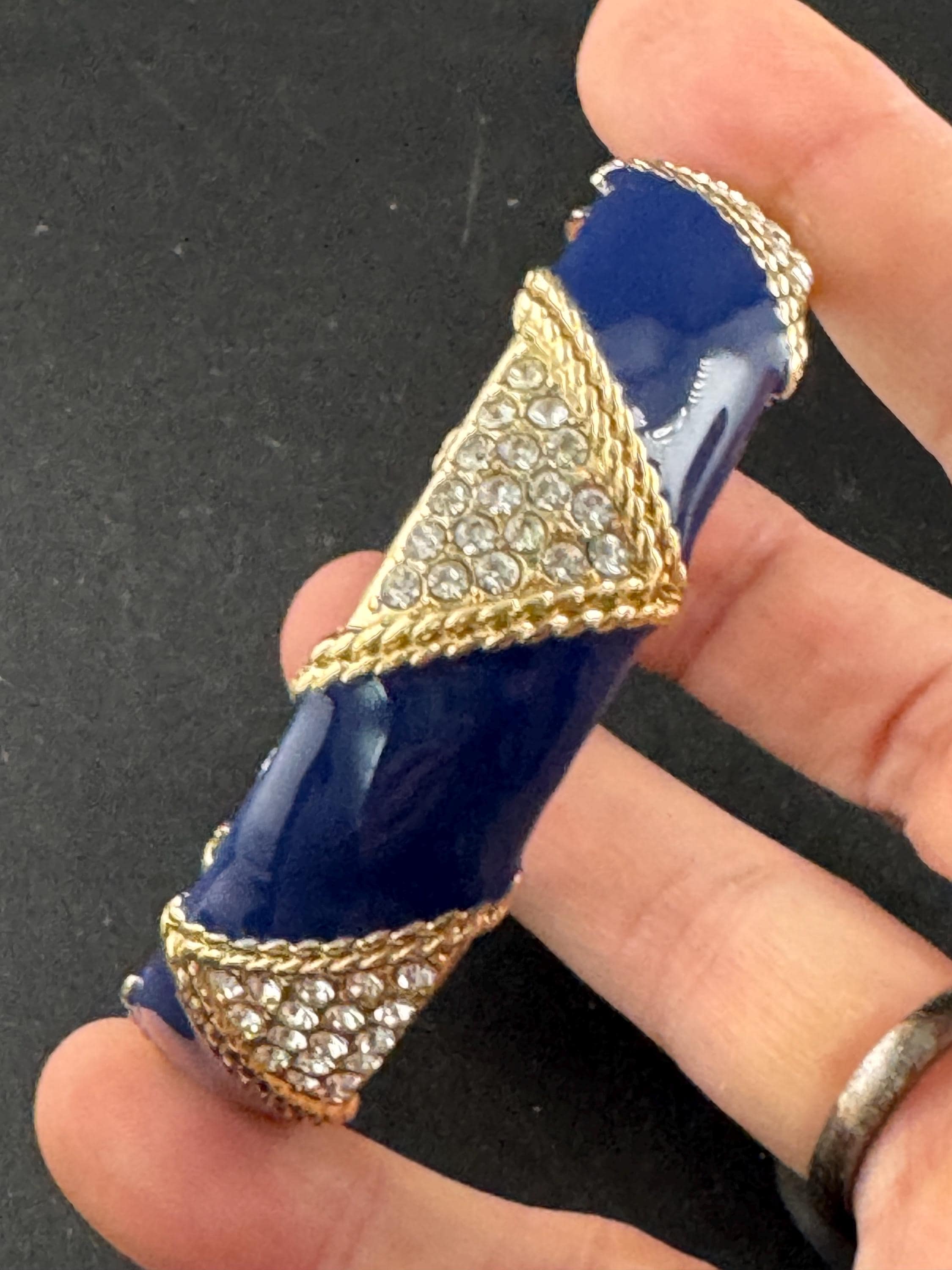 Navy blue enamel diamanté crystals, bangle, rhinestone cuff bracelet
