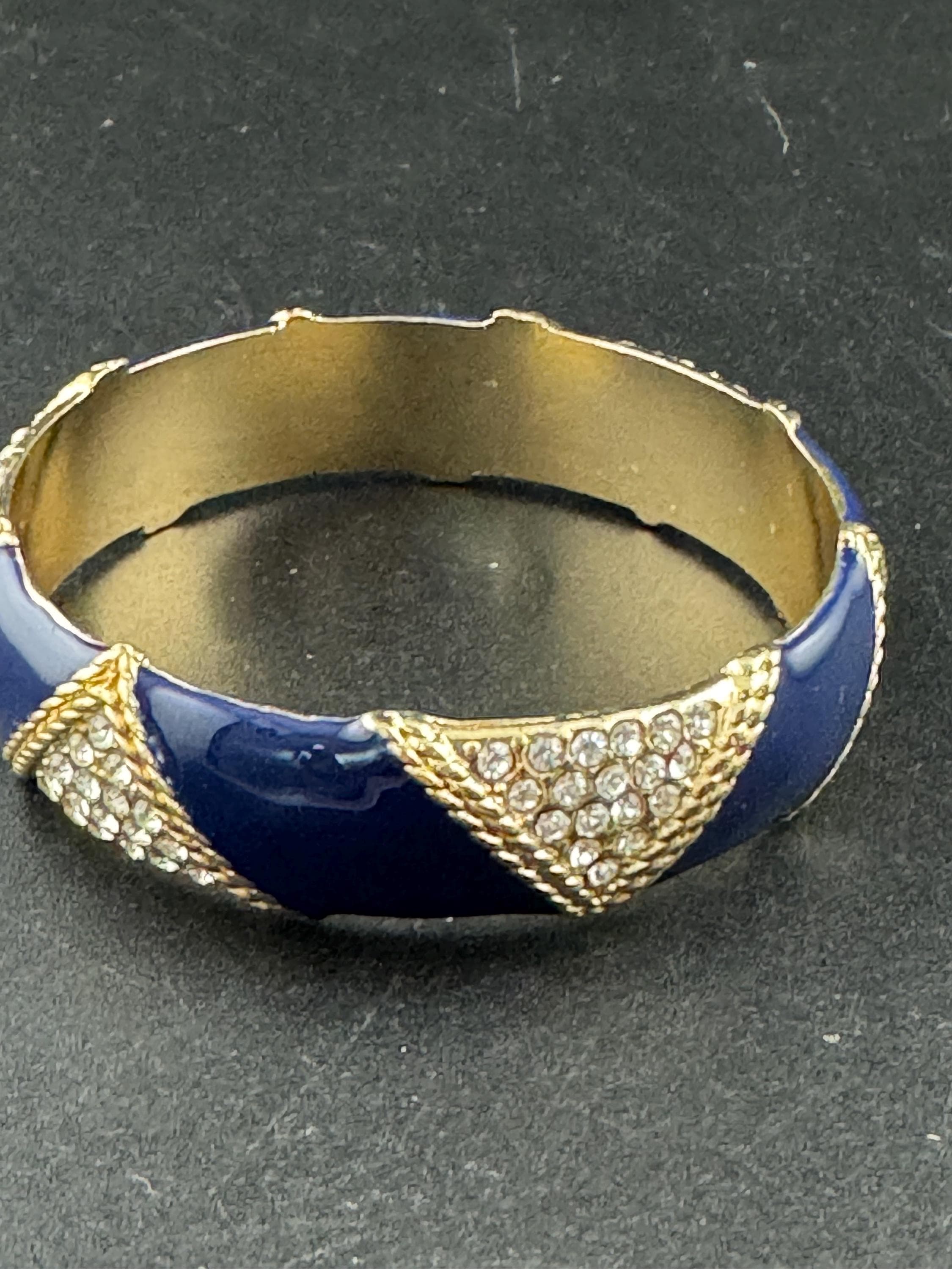Navy blue enamel diamanté crystals, bangle, rhinestone cuff bracelet