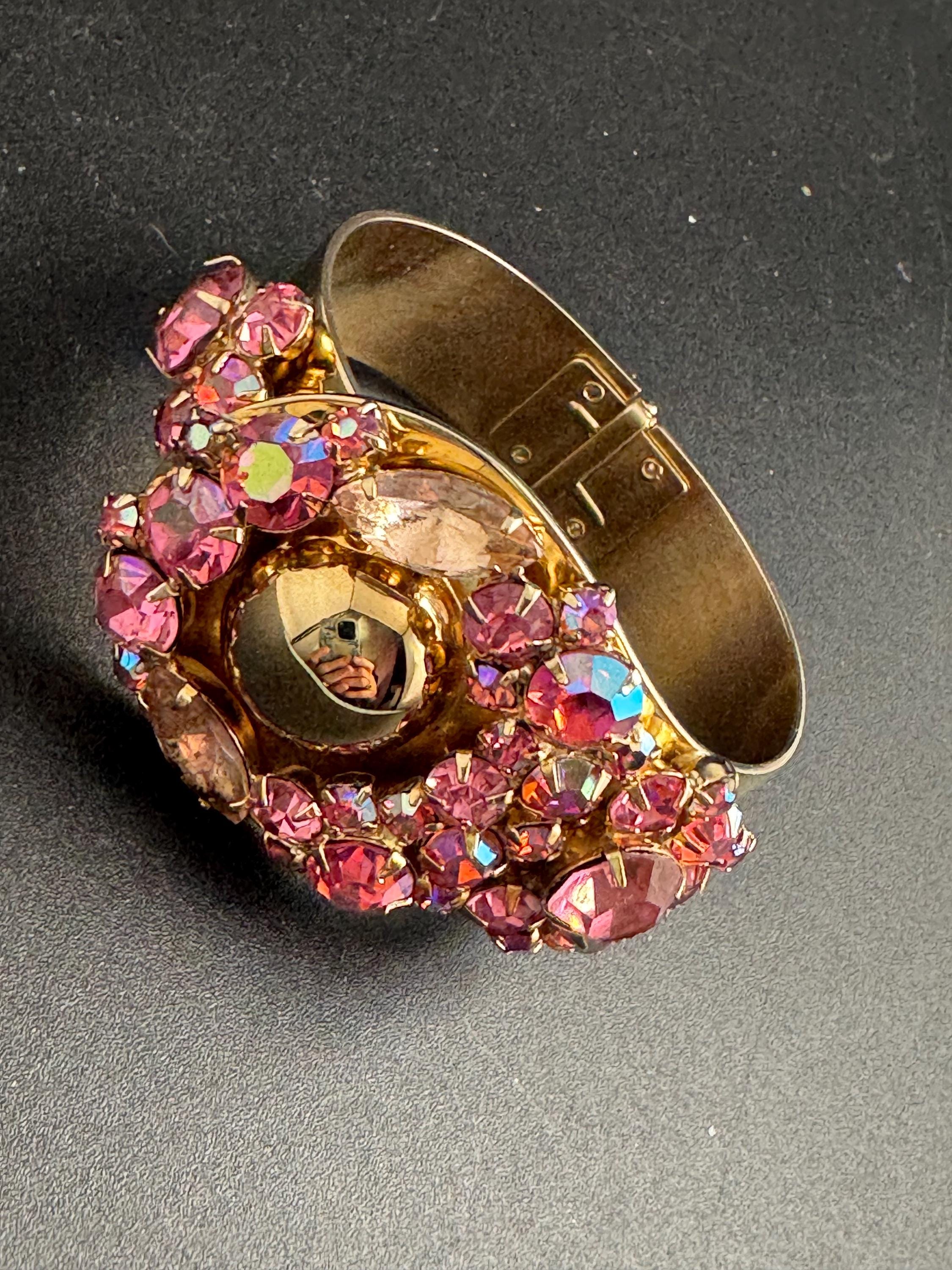pink rhinestone clamper bangle, Vintage glass crystals diamanté warm gold bracelet