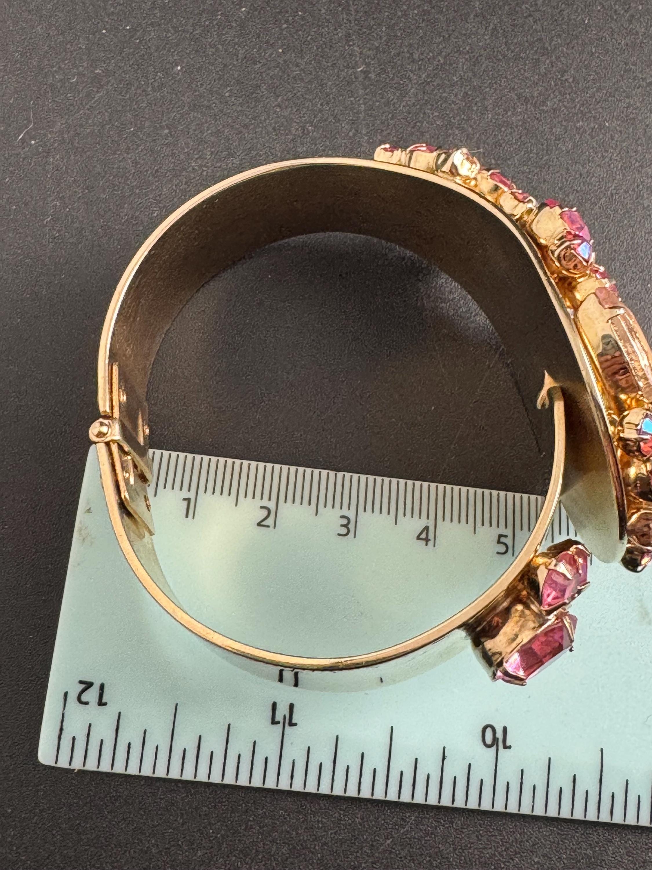 pink rhinestone clamper bangle, Vintage glass crystals diamanté warm gold bracelet