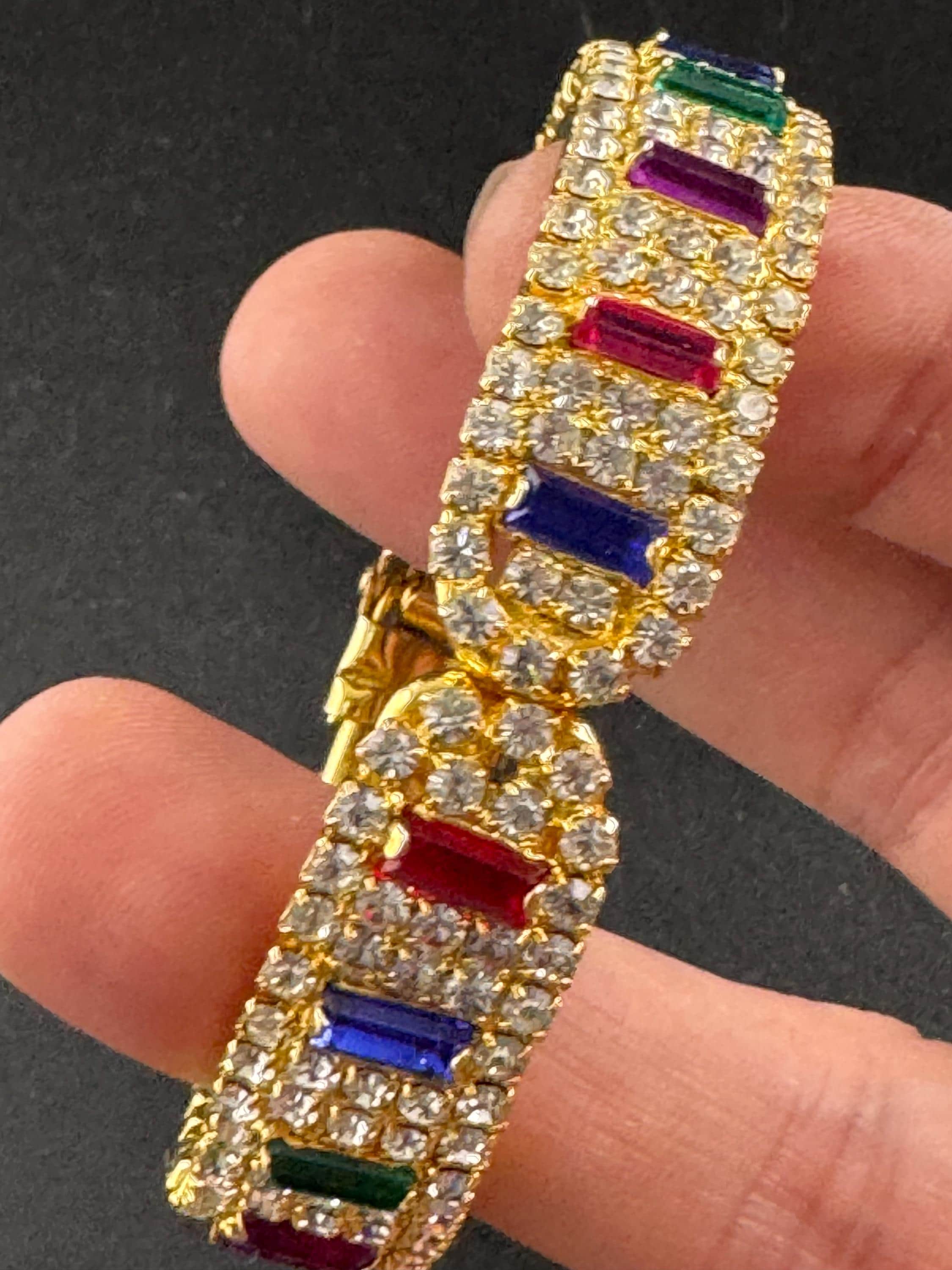 Rainbow diamanté crystal hinged clamper bangle, rhinestone bracelet red blue green