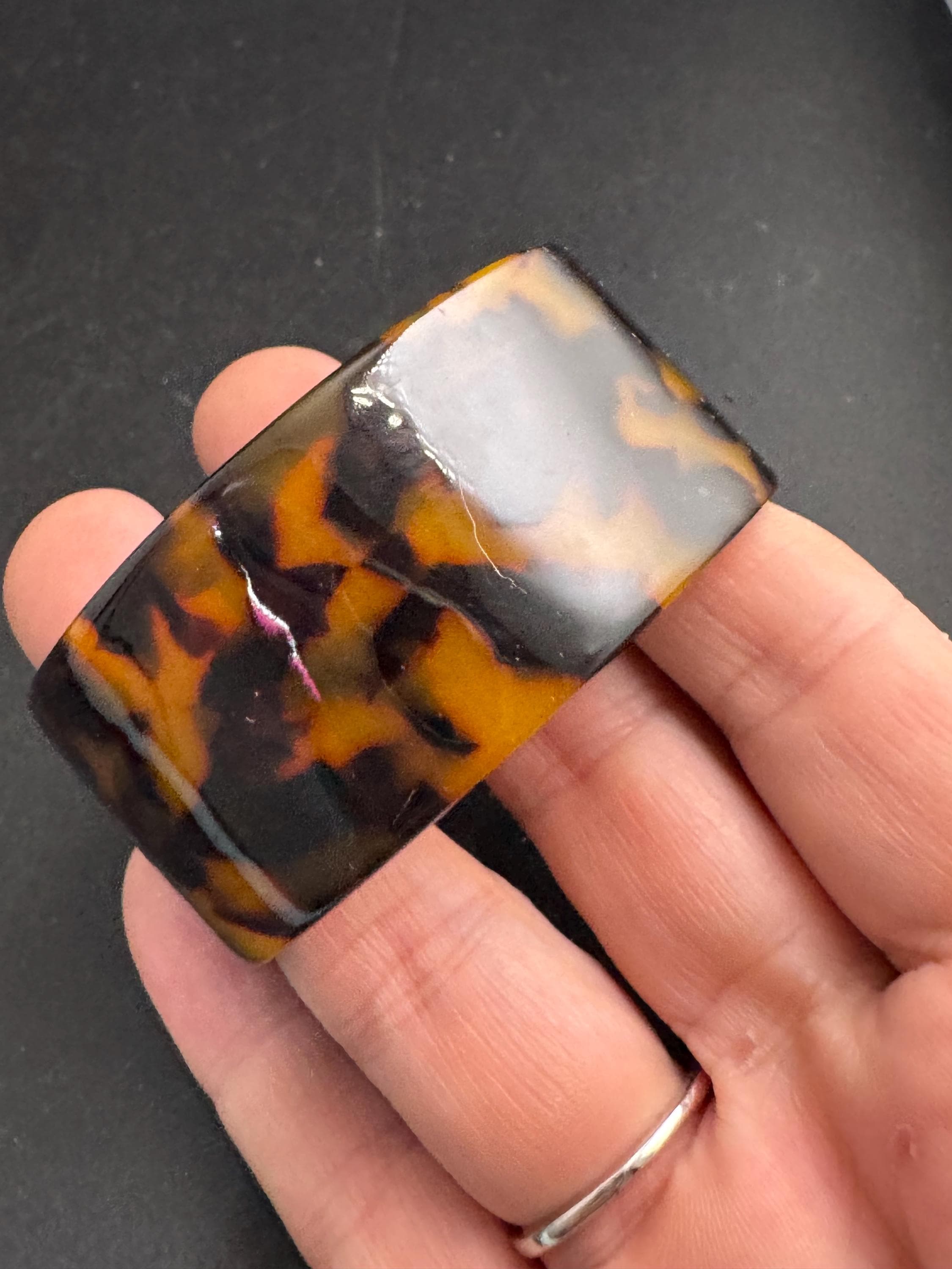 Wide tortoiseshell brown plastic bangle, vintage open cuff bracelet