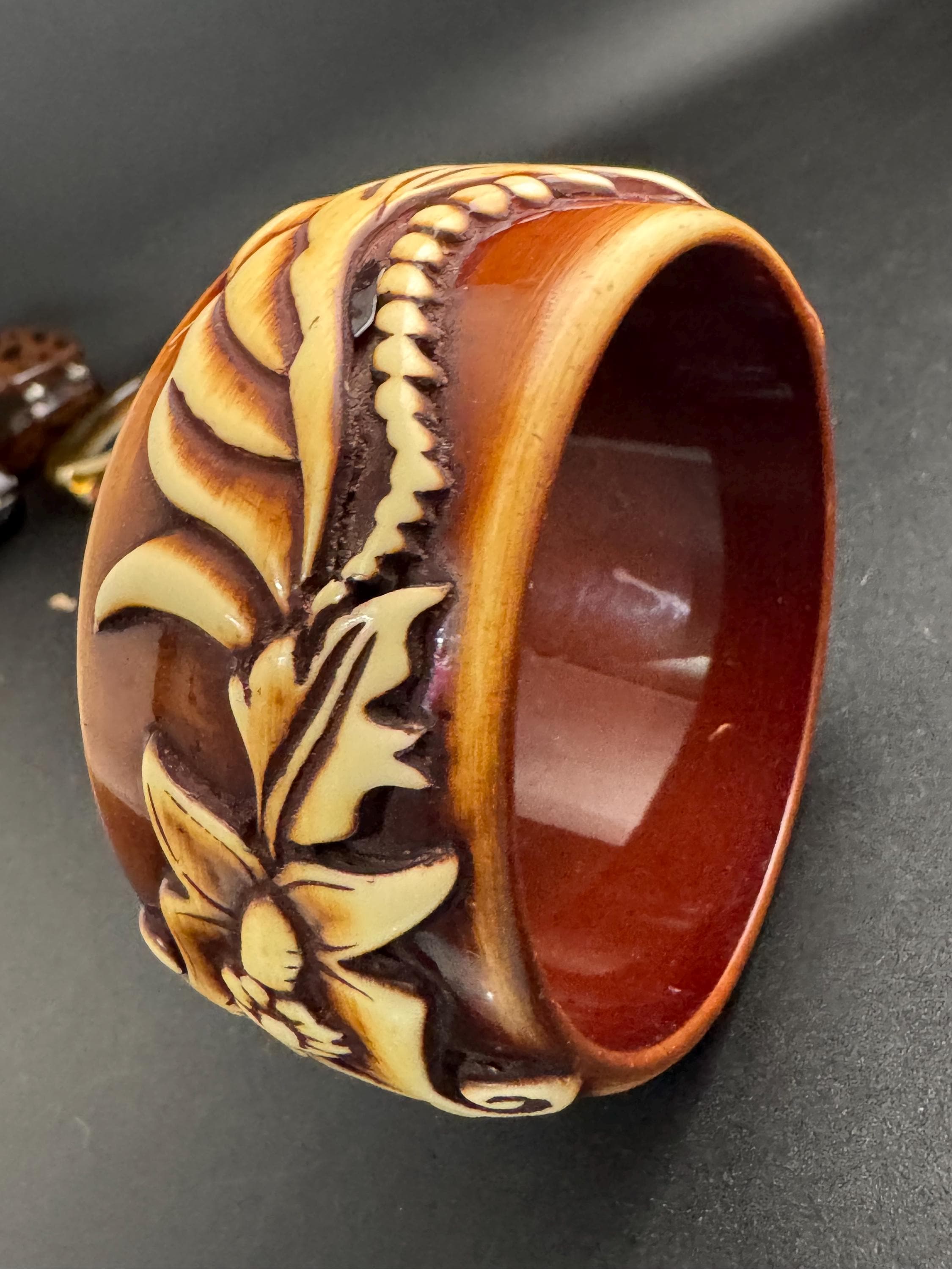 Wide acrylic brown cream bangle , vintage carved effect with butterflies