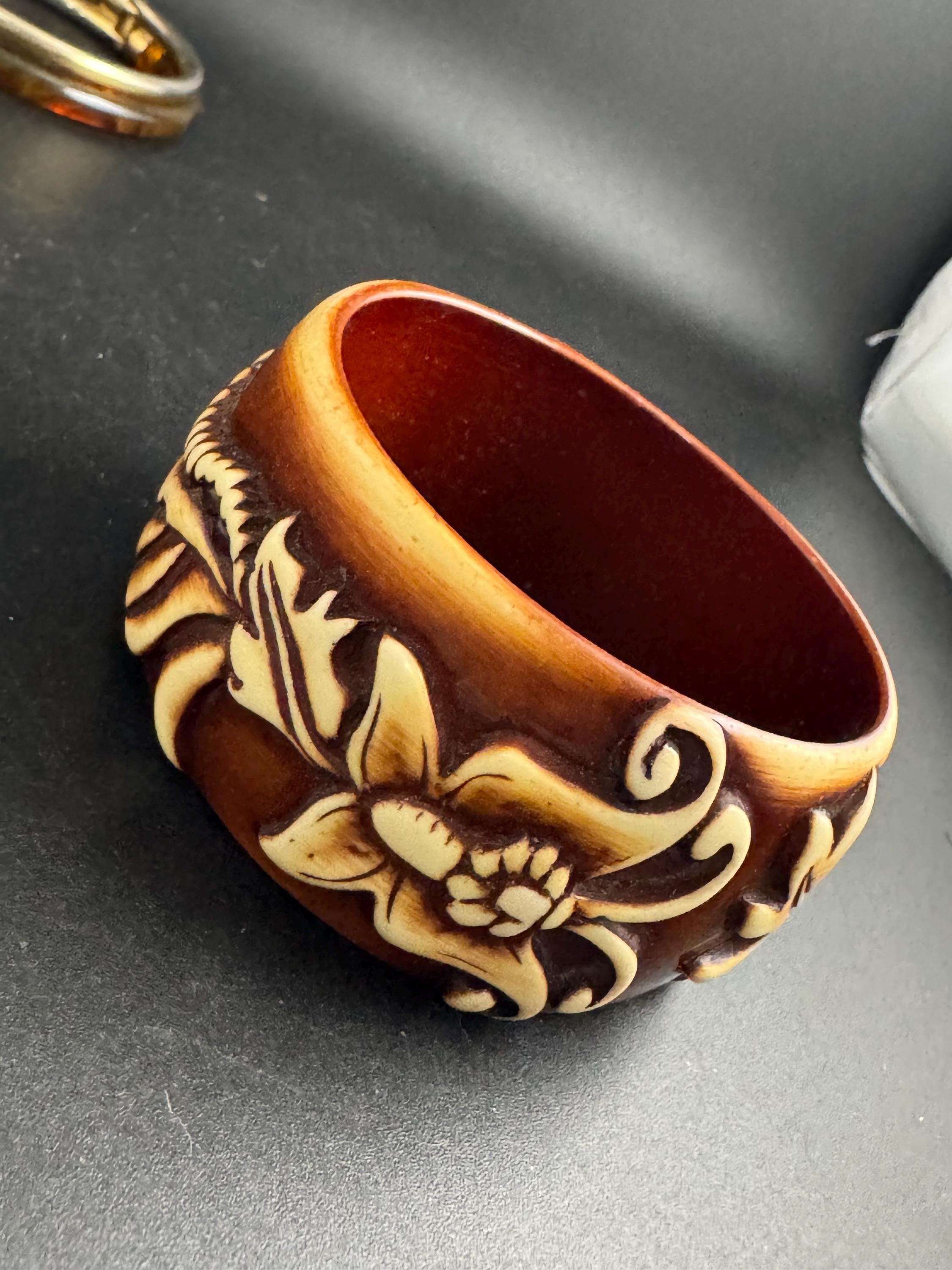 Wide acrylic brown cream bangle , vintage carved effect with butterflies