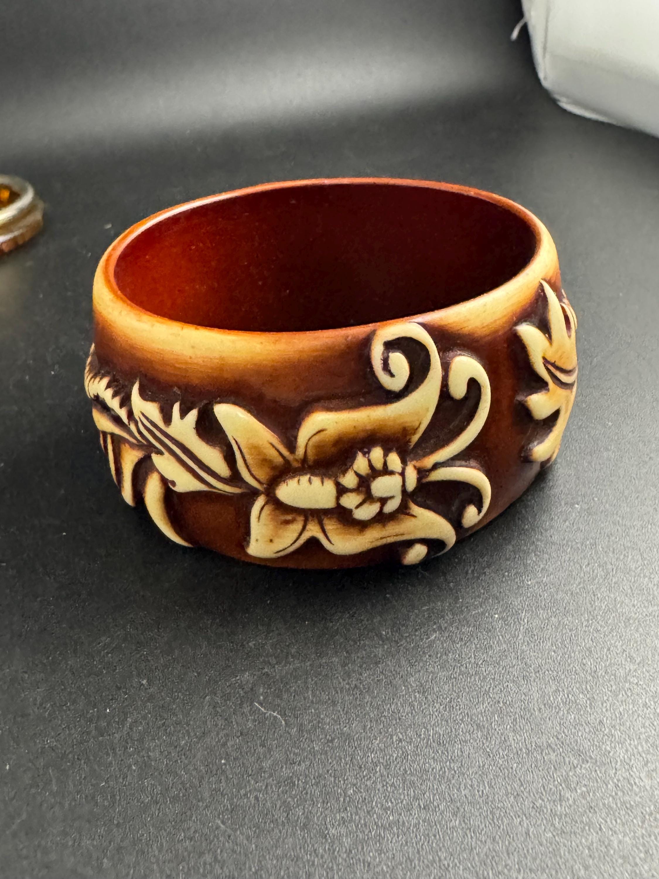 Wide acrylic brown cream bangle , vintage carved effect with butterflies