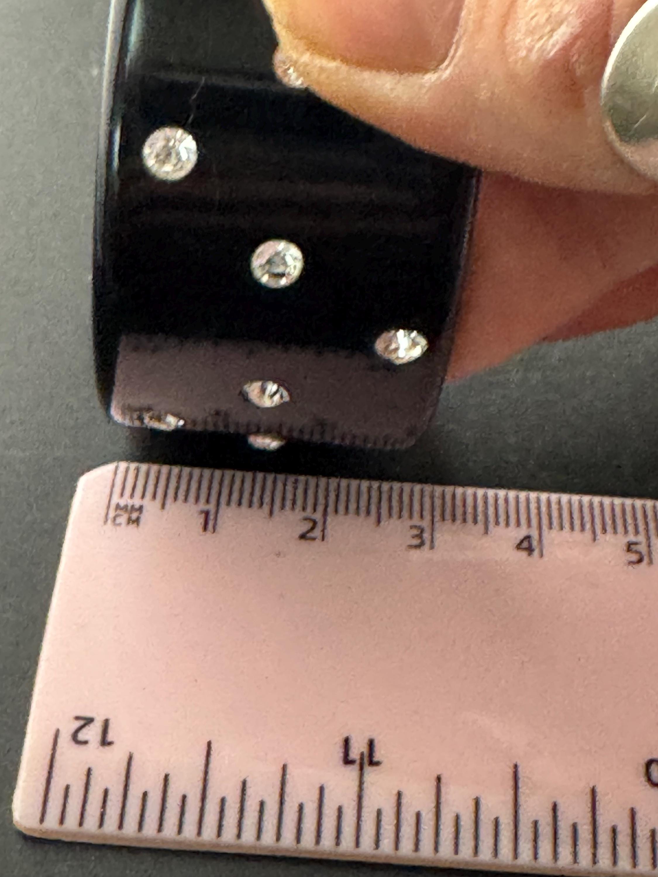 black plastic wide diamanté open cuff bangle, vintage acrylic