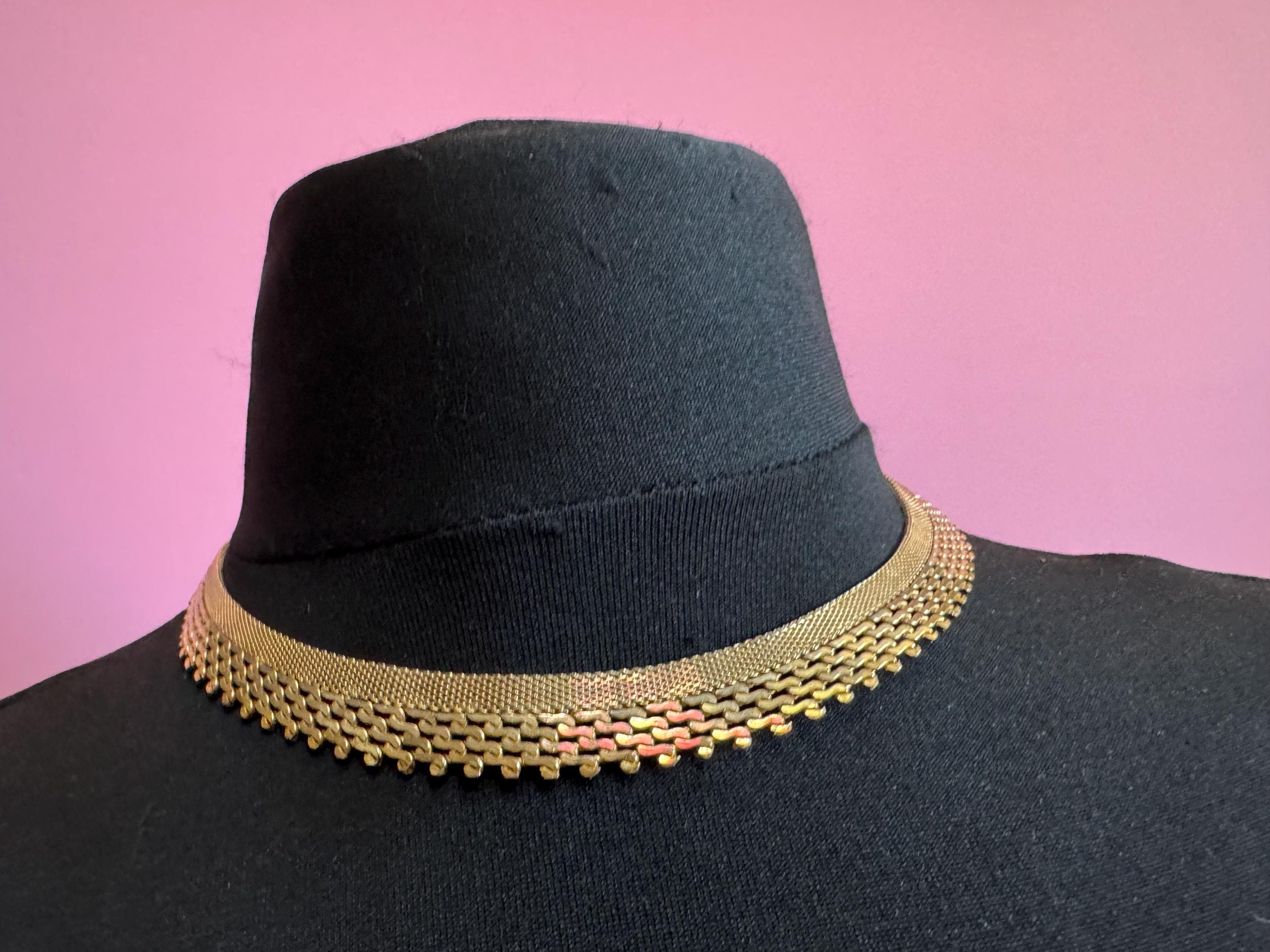 woven mesh gold choker necklace, Vintage 1960s modernist