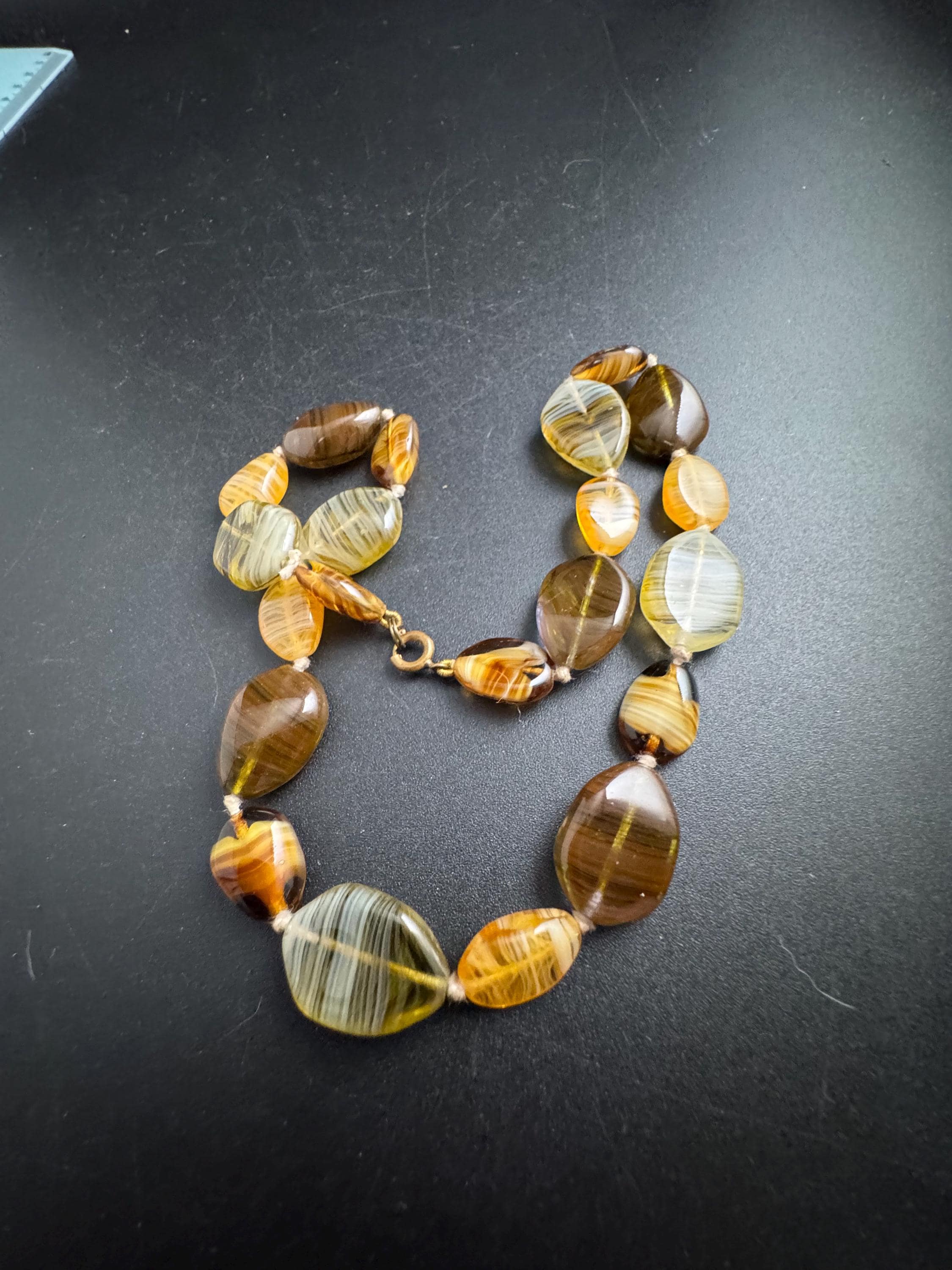 1950s brown marbled glass bead necklace, vintage beaded choker