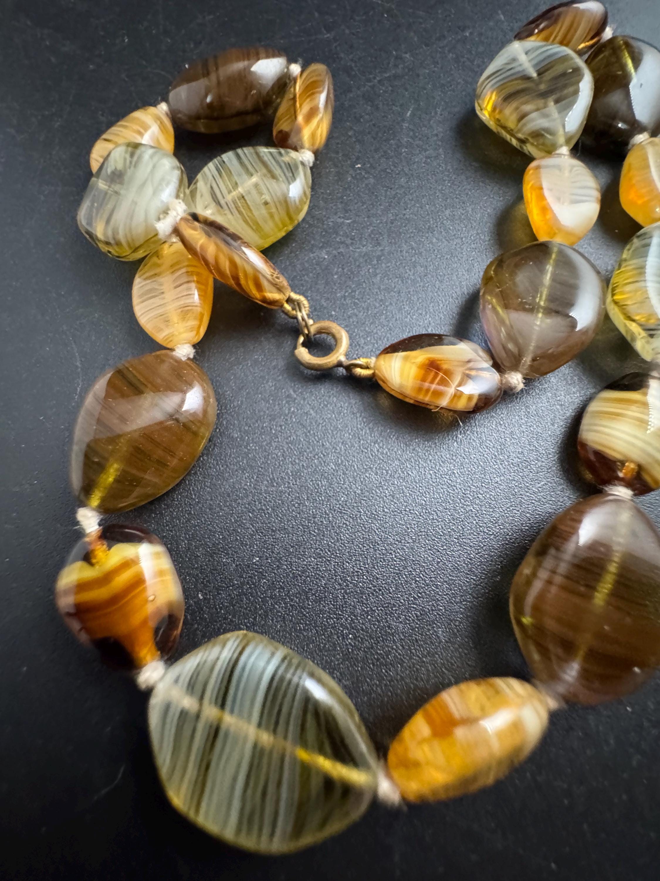 1950s brown marbled glass bead necklace, vintage beaded choker