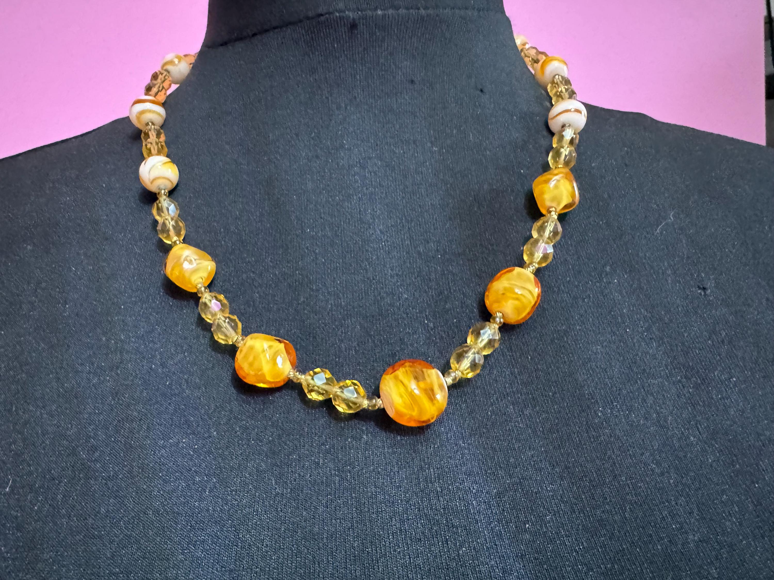 1950s Orange marbled glass beaded necklace, vintage yellow citrine faceted beads