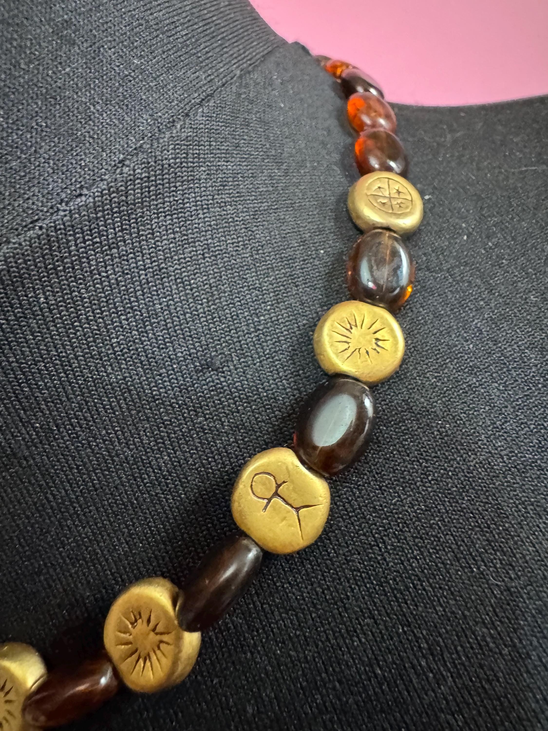 Gold charm bead brown glass necklace, retro beads