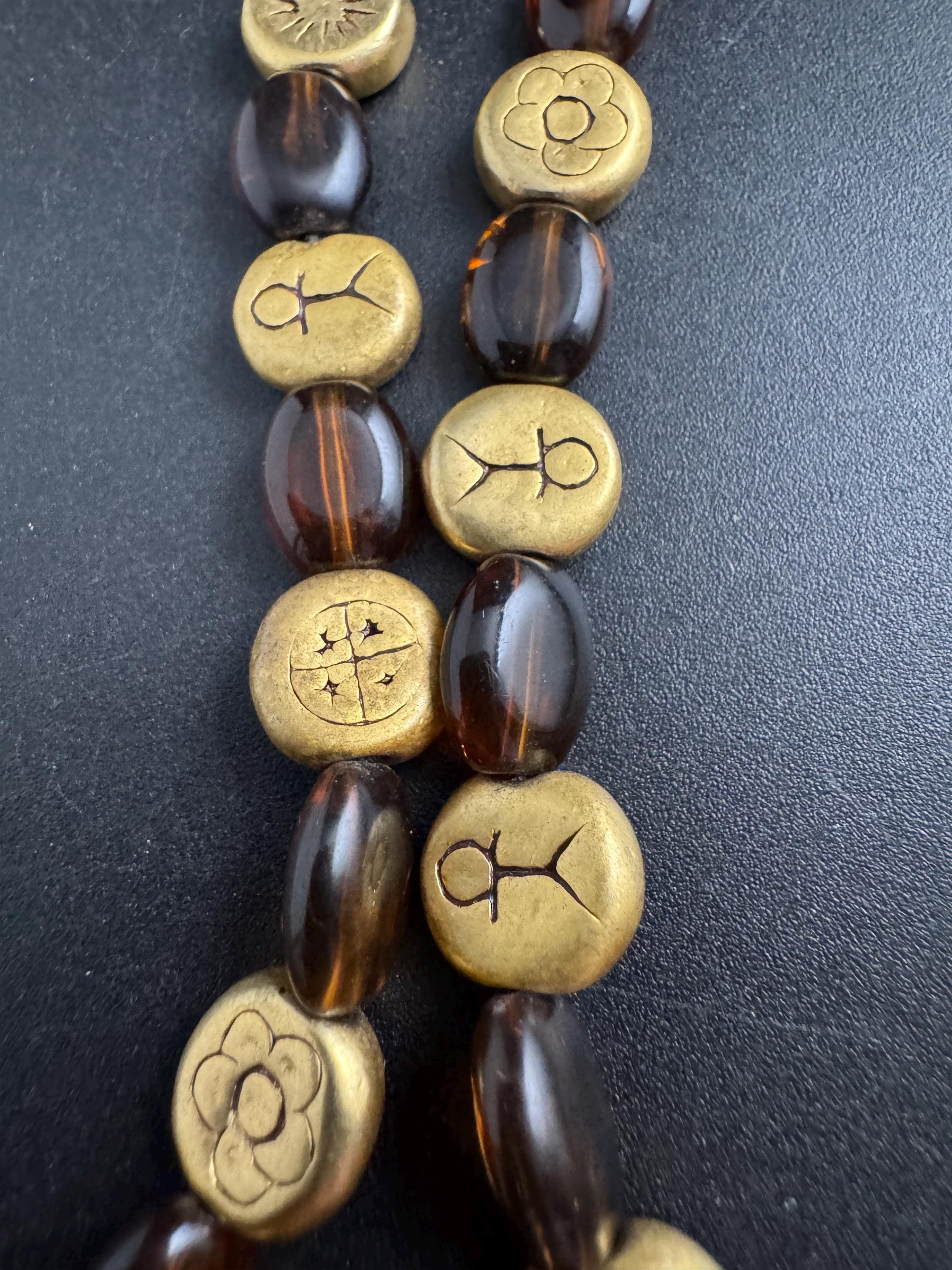 Gold charm bead brown glass necklace, retro beads