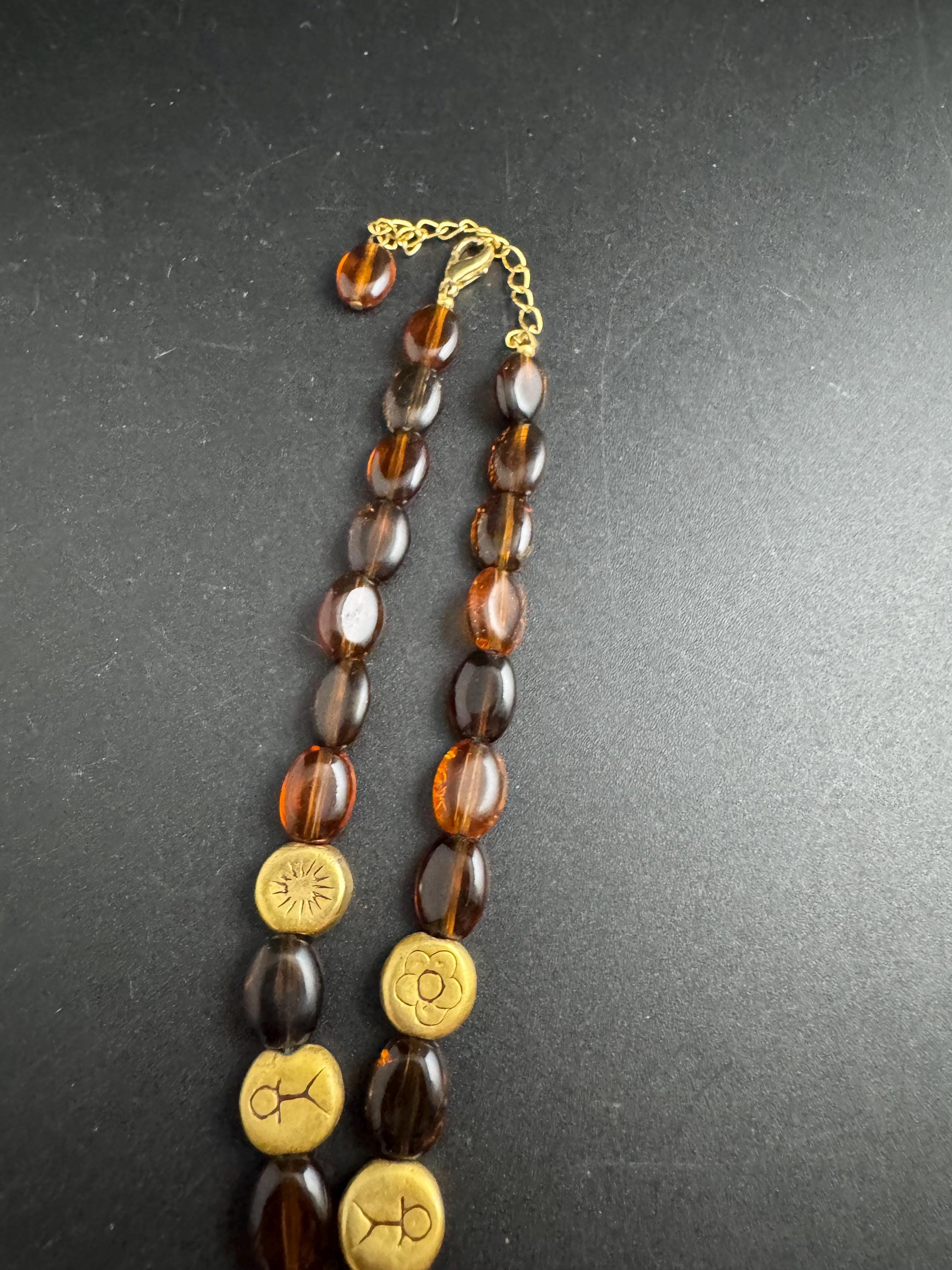 Gold charm bead brown glass necklace, retro beads