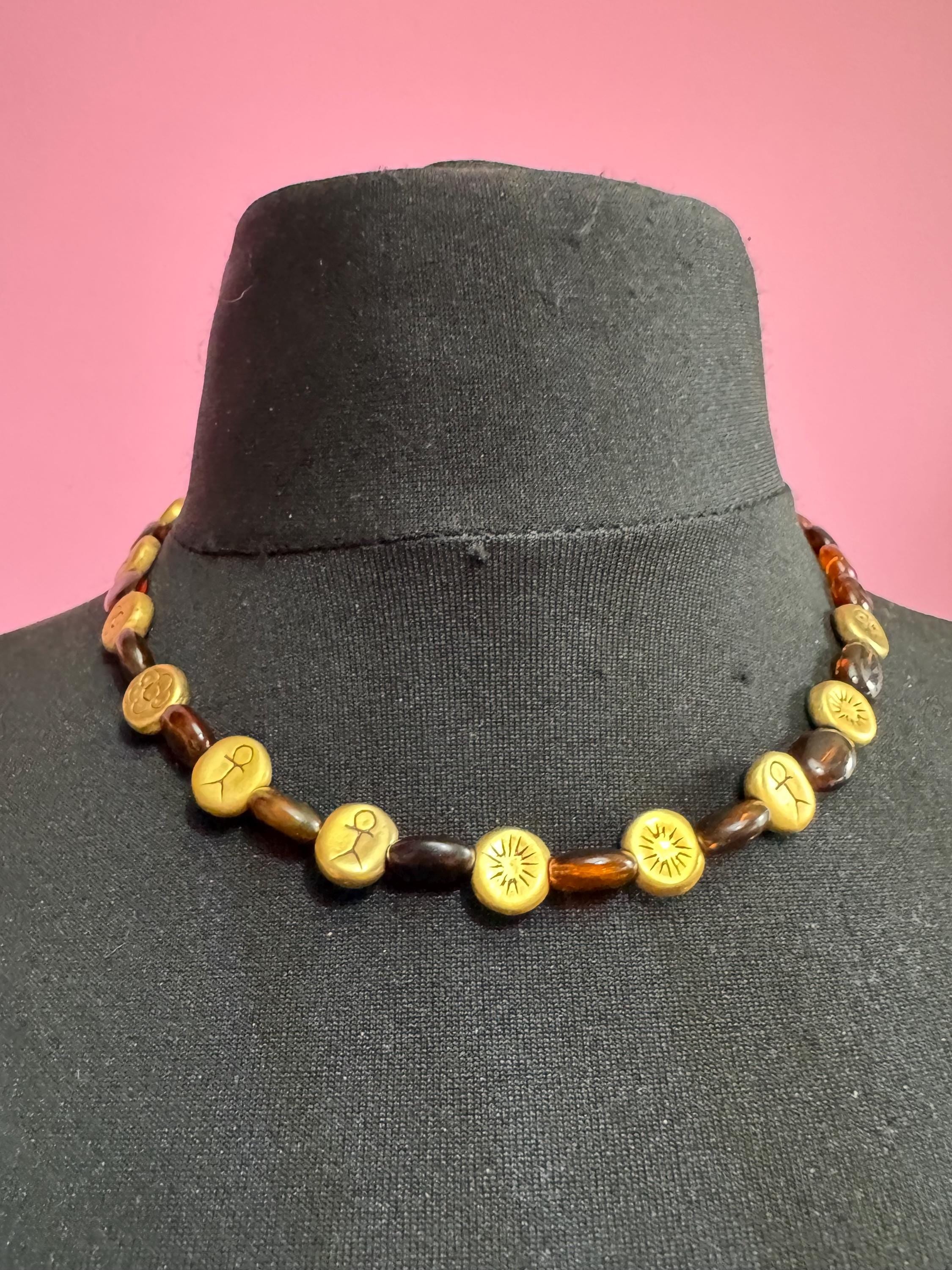 Gold charm bead brown glass necklace, retro beads