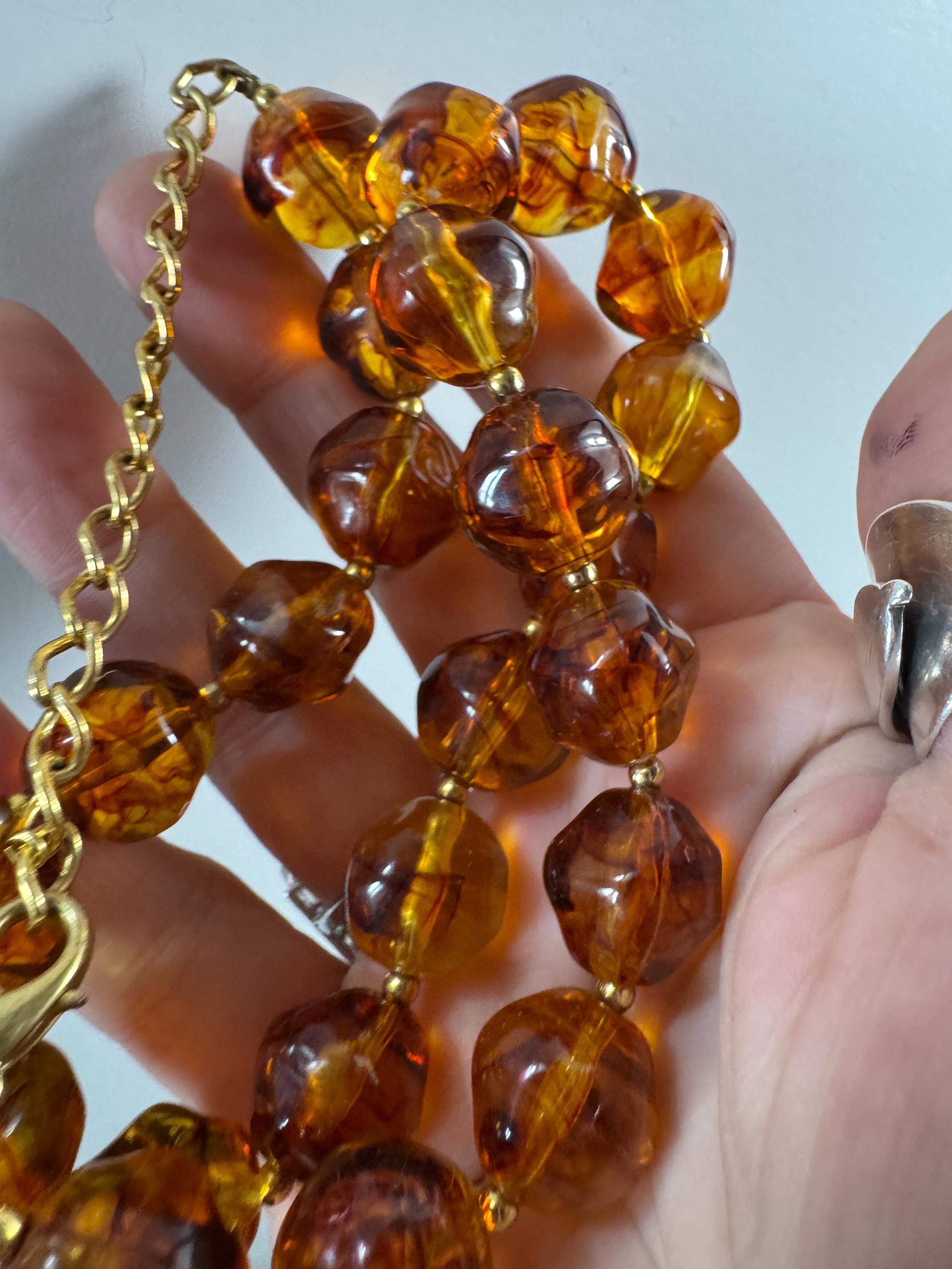 Faux Amber orange brown beaded necklace, chunky plastic beads