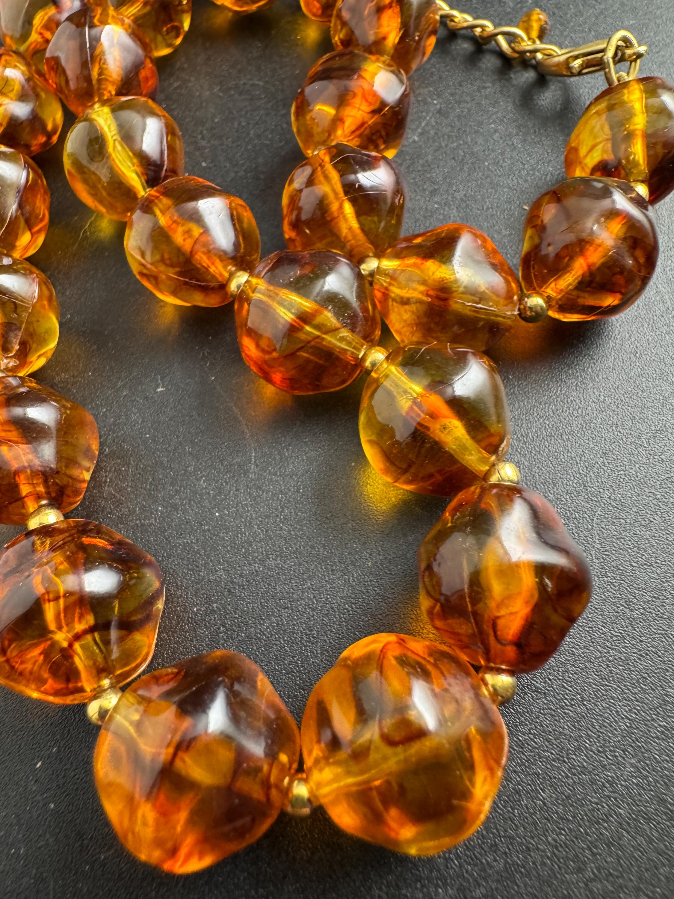 Faux Amber orange brown beaded necklace, chunky plastic beads