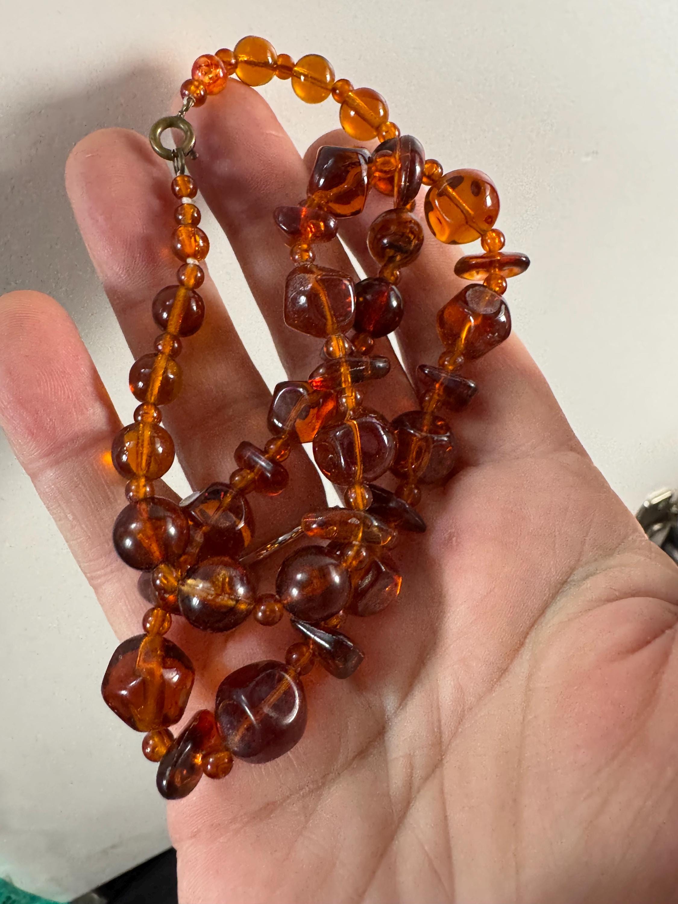 Faux Amber orange brown beaded necklace, plastic beads